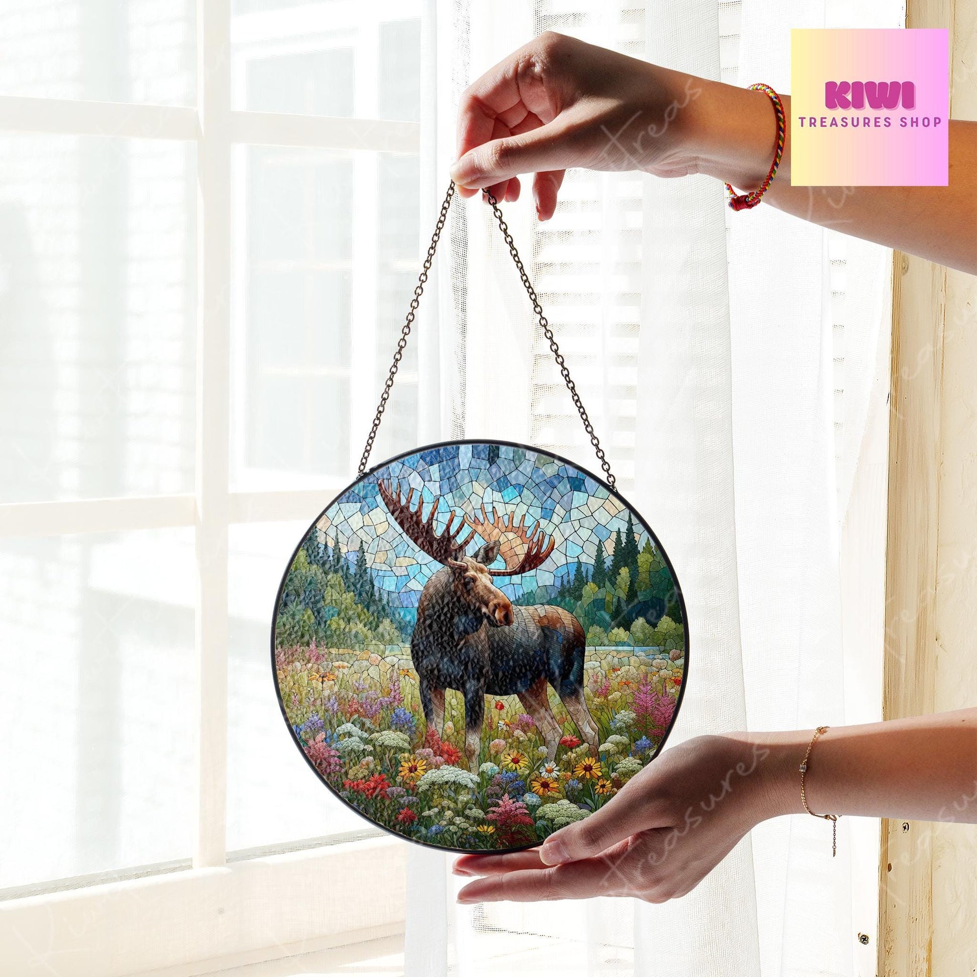 Moose Among Wildflower GLASS Suncatcher, Moose Lover Decor, Floral Moose Gift, Wild animal Decor, Wildlife Decor, Moose  Decor