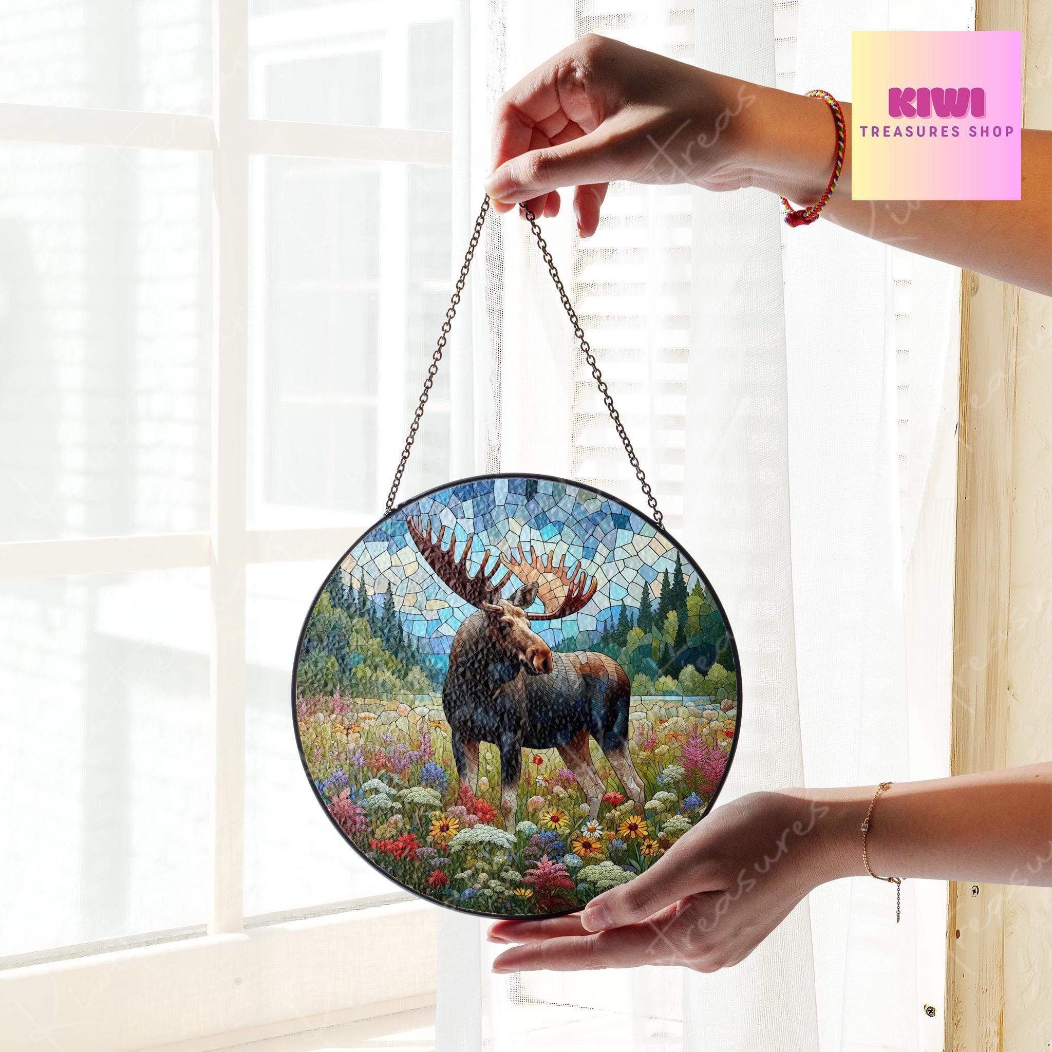 Moose Among Wildflower GLASS Suncatcher, Moose Lover Decor, Floral Moose Gift, Wild animal Decor, Wildlife Decor, Moose  Decor