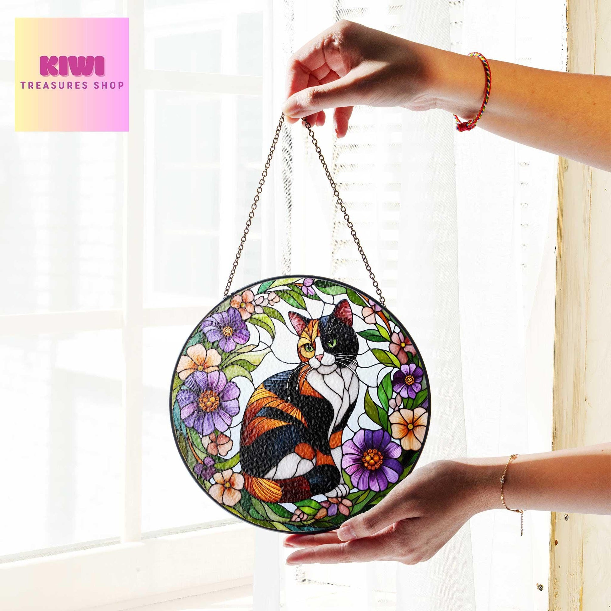 Calico cat among flowers GLASS suncatcher Hanging, Calico cat glass hanging, Cat Suncatcher, Calico lover gift, memorial gift