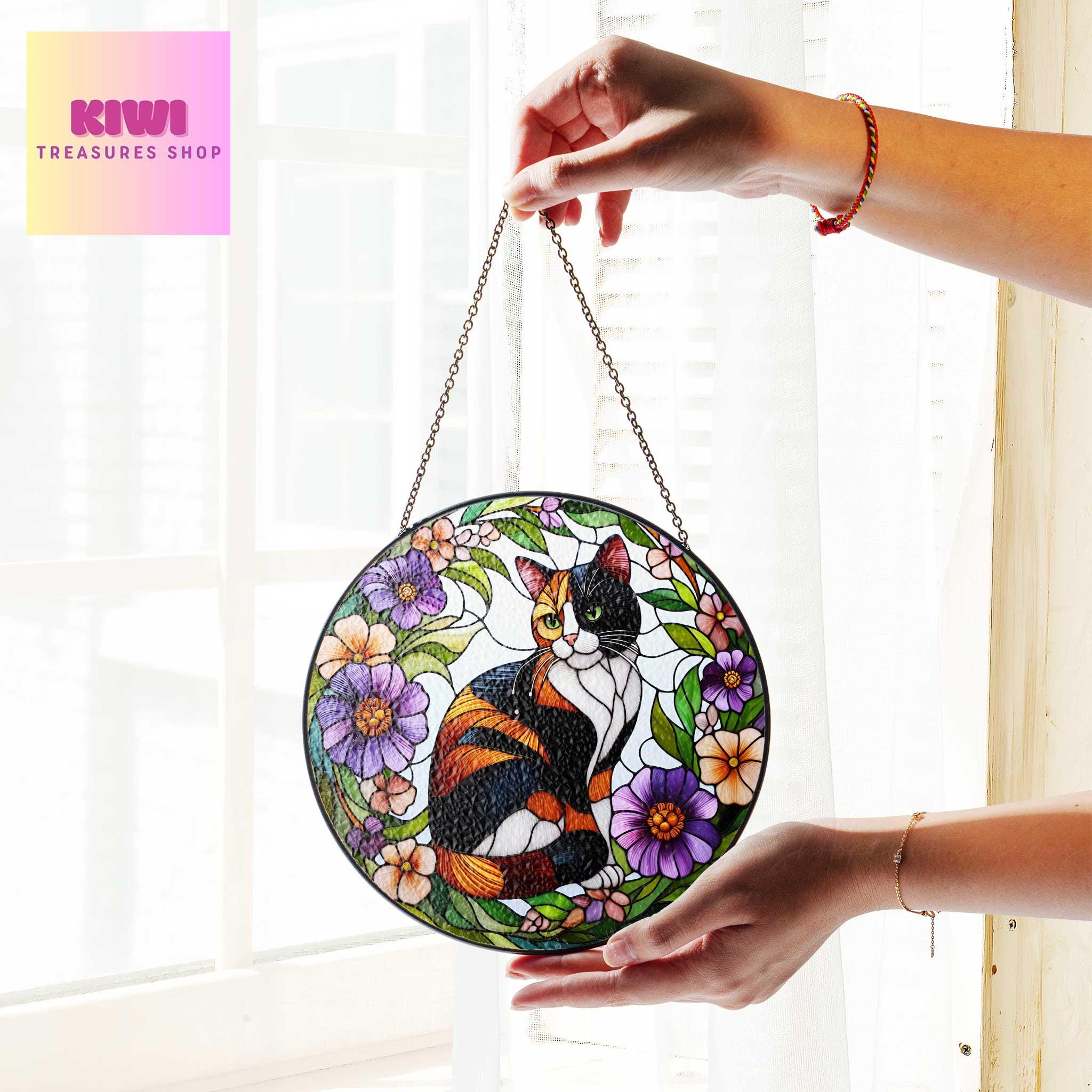 Calico cat among flowers GLASS suncatcher Hanging, Calico cat glass hanging, Cat Suncatcher, Calico lover gift, memorial gift