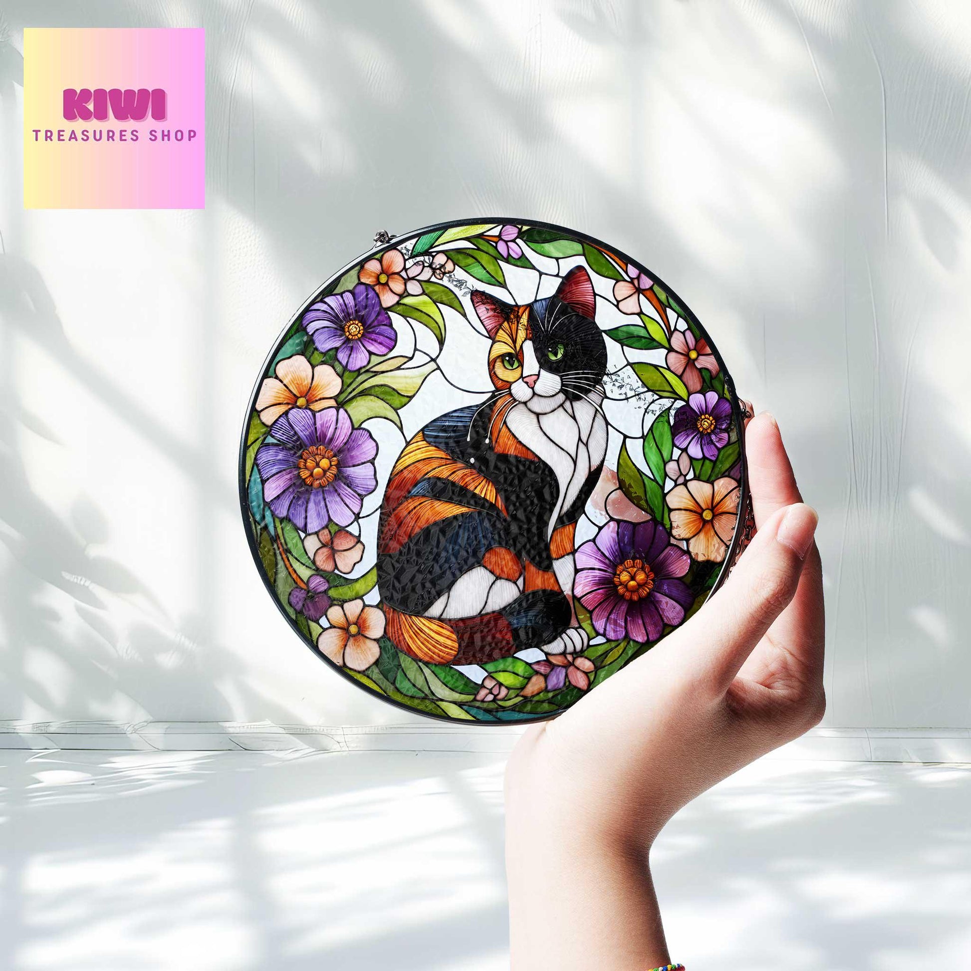 Calico cat among flowers GLASS suncatcher Hanging, Calico cat glass hanging, Cat Suncatcher, Calico lover gift, memorial gift