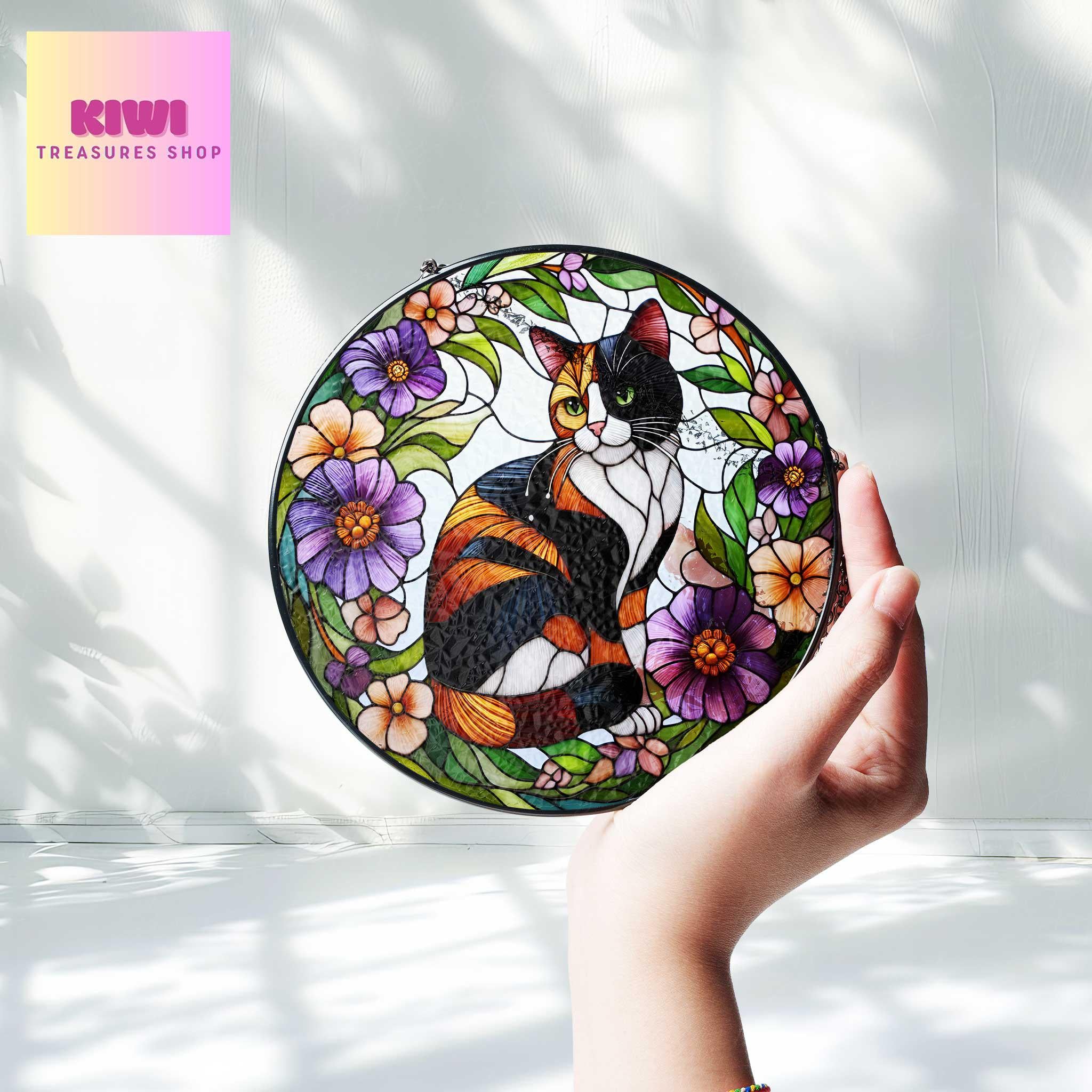 Calico cat among flowers GLASS suncatcher Hanging, Calico cat glass hanging, Cat Suncatcher, Calico lover gift, memorial gift