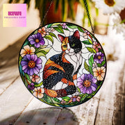 Calico cat among flowers GLASS suncatcher Hanging, Calico cat glass hanging, Cat Suncatcher, Calico lover gift, memorial gift