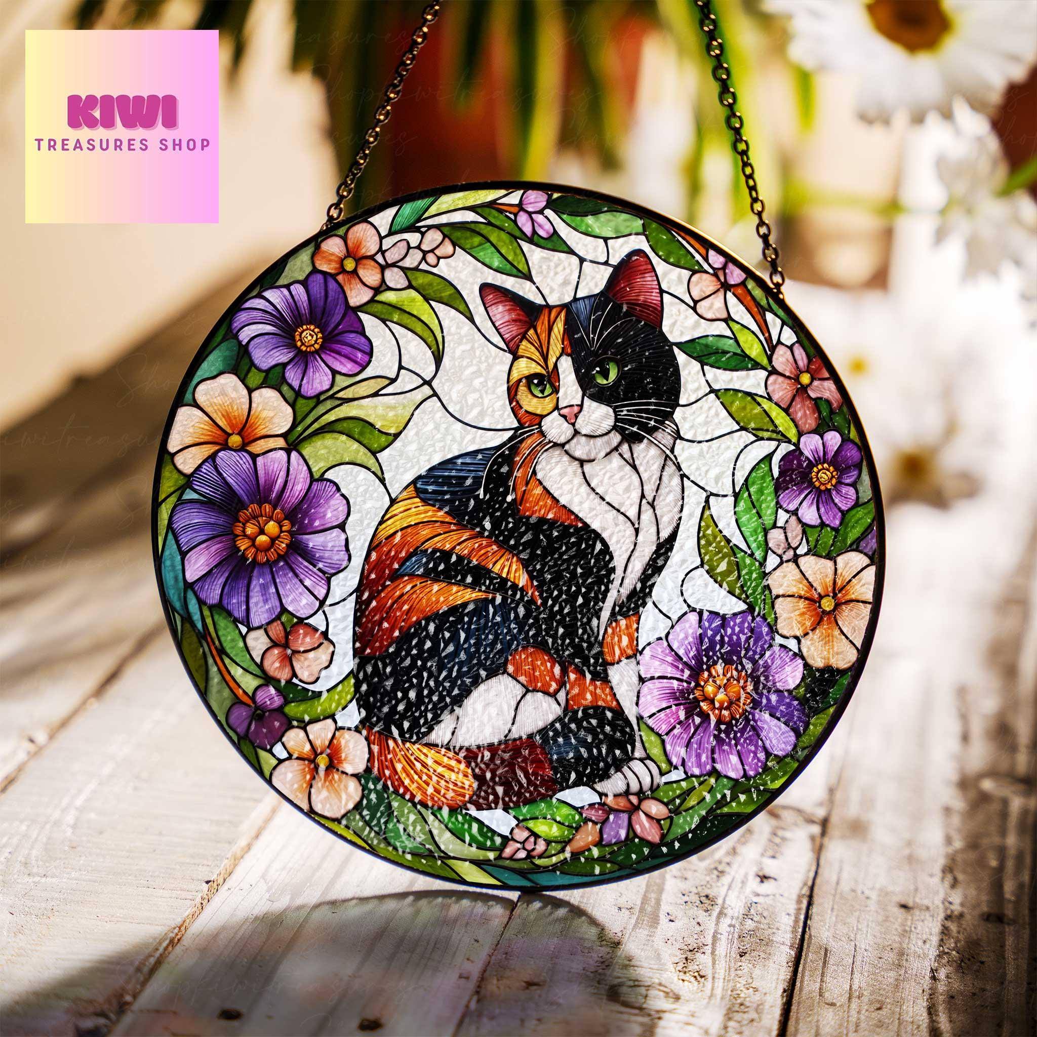 Calico cat among flowers GLASS suncatcher Hanging, Calico cat glass hanging, Cat Suncatcher, Calico lover gift, memorial gift