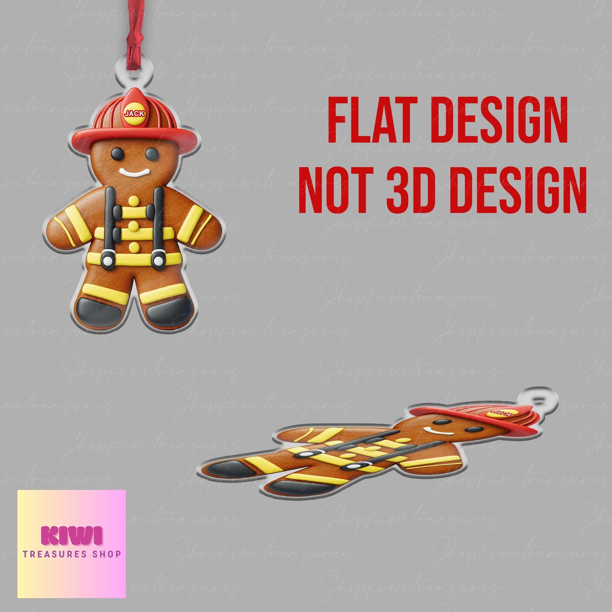 Personalized Firefighter gingerbread Christmas 2D FLAT Ornament, Xmas Tree Decoration, Custom Name  Dad, Firefighter, Fireman, Fire Truck