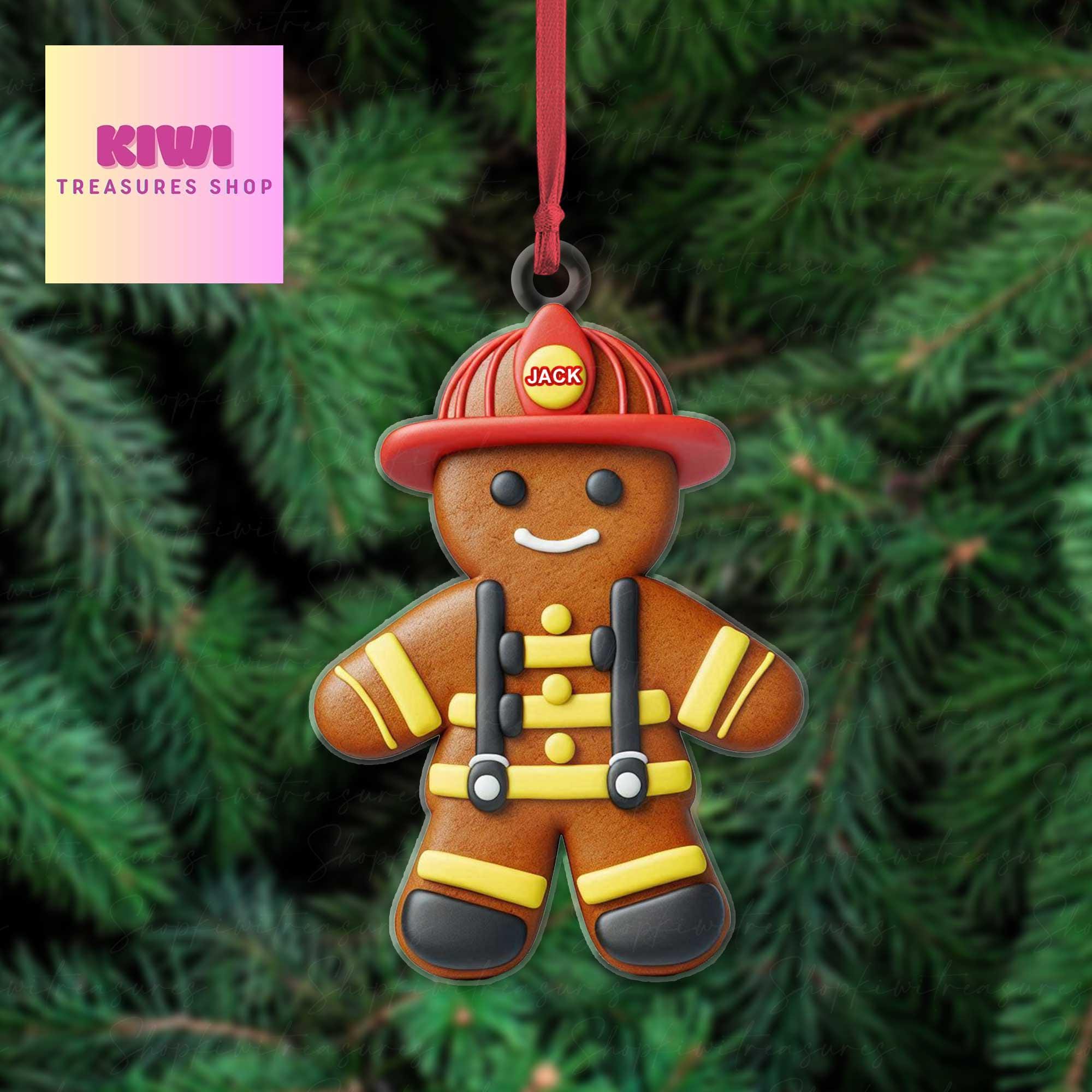 Personalized Firefighter gingerbread Christmas 2D FLAT Ornament, Xmas Tree Decoration, Custom Name  Dad, Firefighter, Fireman, Fire Truck