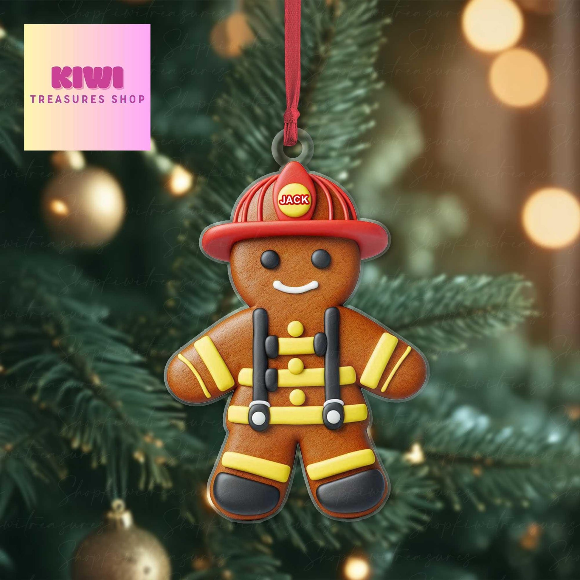 Personalized Firefighter gingerbread Christmas 2D FLAT Ornament, Xmas Tree Decoration, Custom Name  Dad, Firefighter, Fireman, Fire Truck