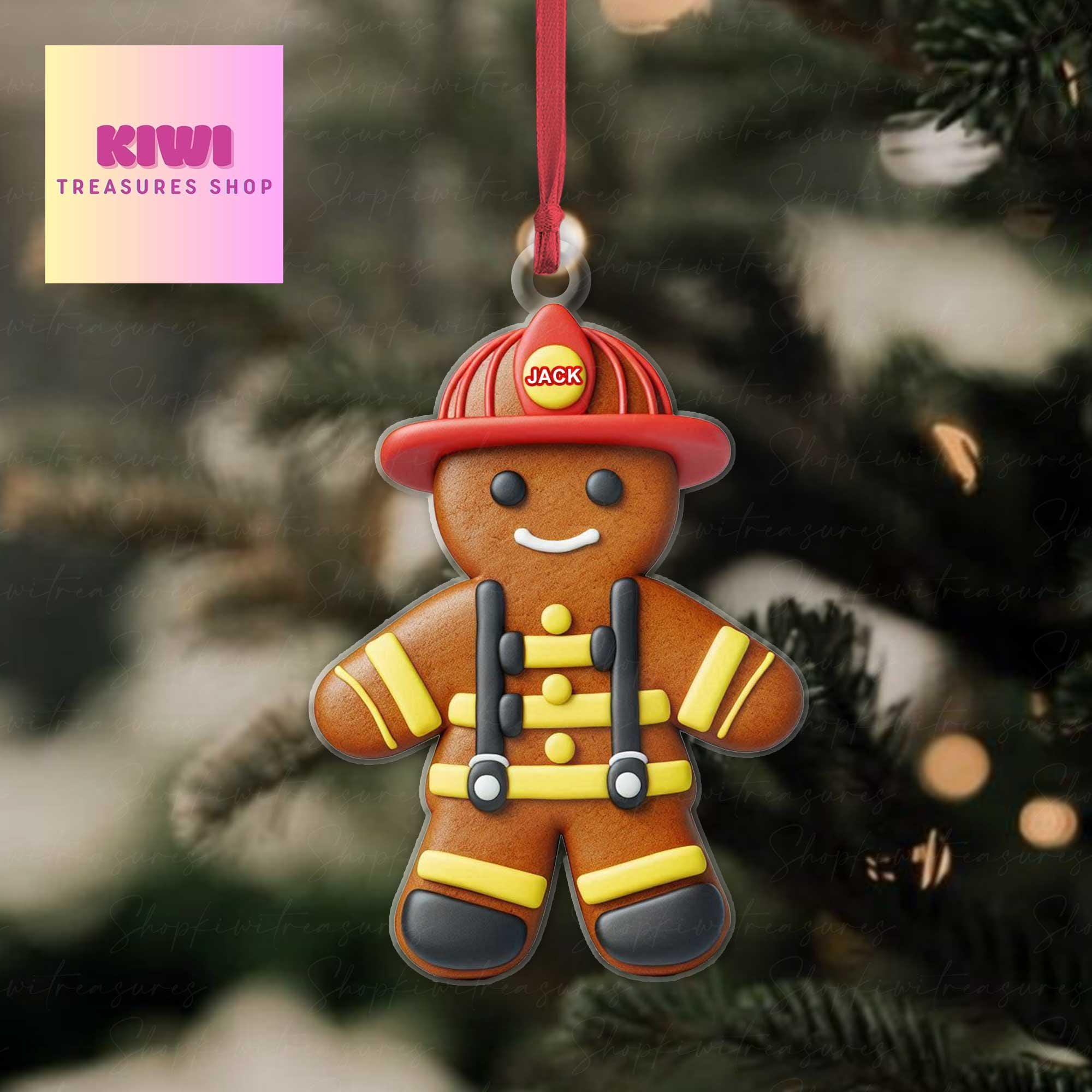 Personalized Firefighter gingerbread Christmas 2D FLAT Ornament, Xmas Tree Decoration, Custom Name  Dad, Firefighter, Fireman, Fire Truck