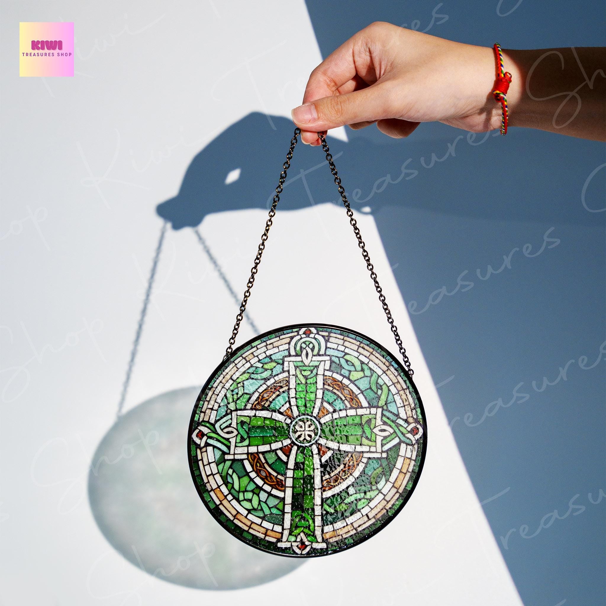 Celtic Cross GLASS Suncatcher Hanging, Ireland Wall Art, Window Hanging, Indoor Decor, Irish window decor, Celtic glass hanging