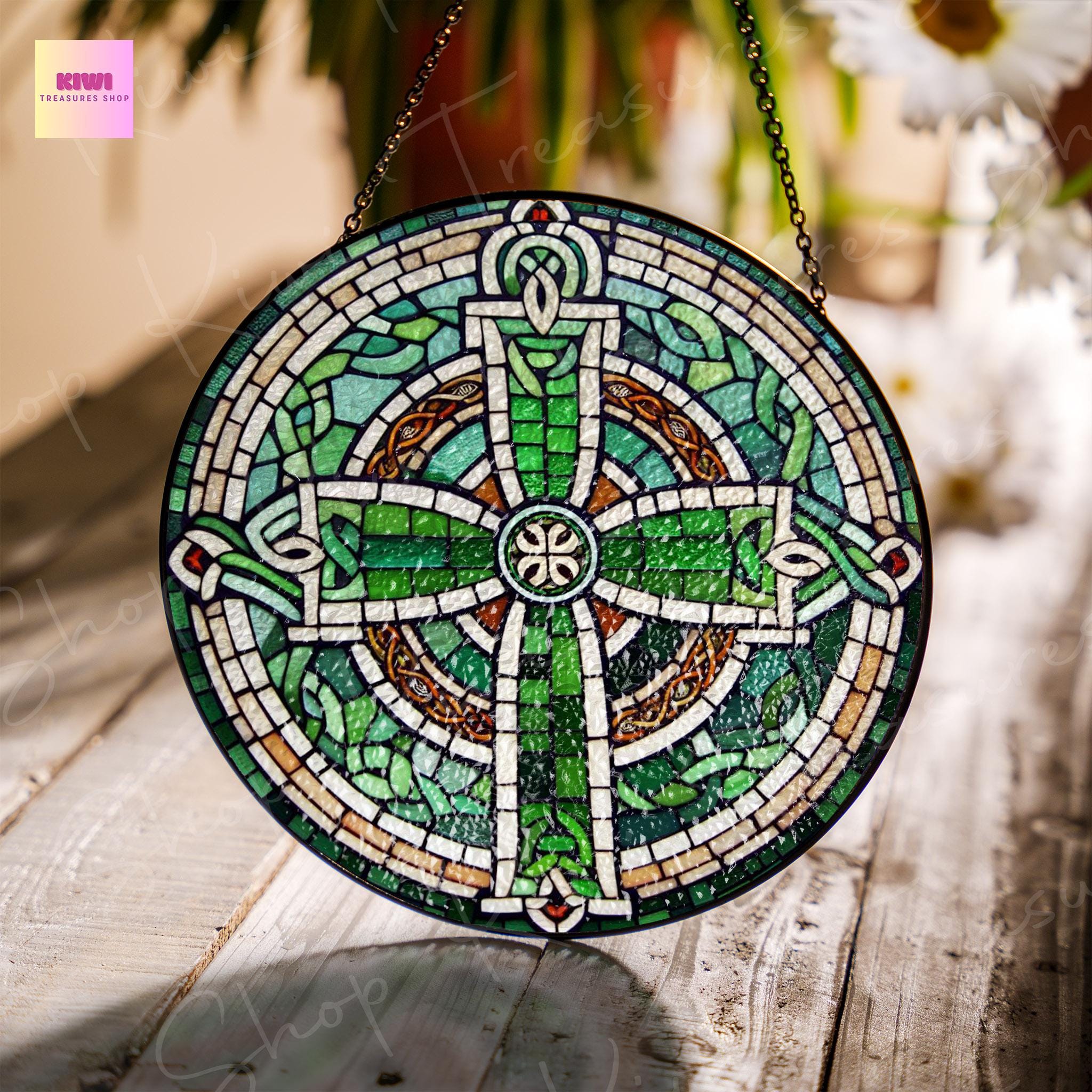Celtic Cross GLASS Suncatcher Hanging, Ireland Wall Art, Window Hanging, Indoor Decor, Irish window decor, Celtic glass hanging
