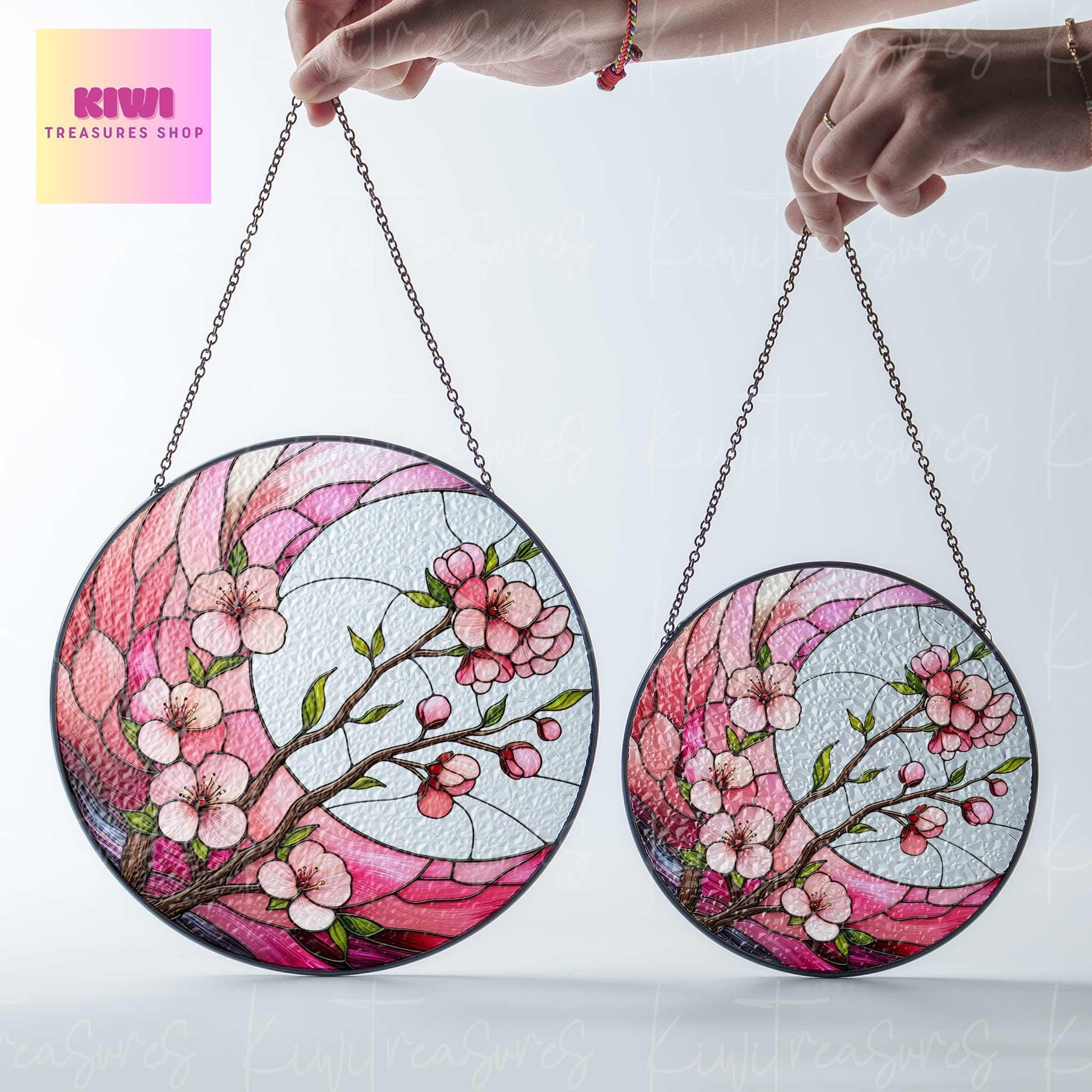 Cherry Blossom crescent moon GLASS Suncatcher Hanging, Spring landscape Window hanging, Suncatcher ornament, Cherry blossom, Sakura lover