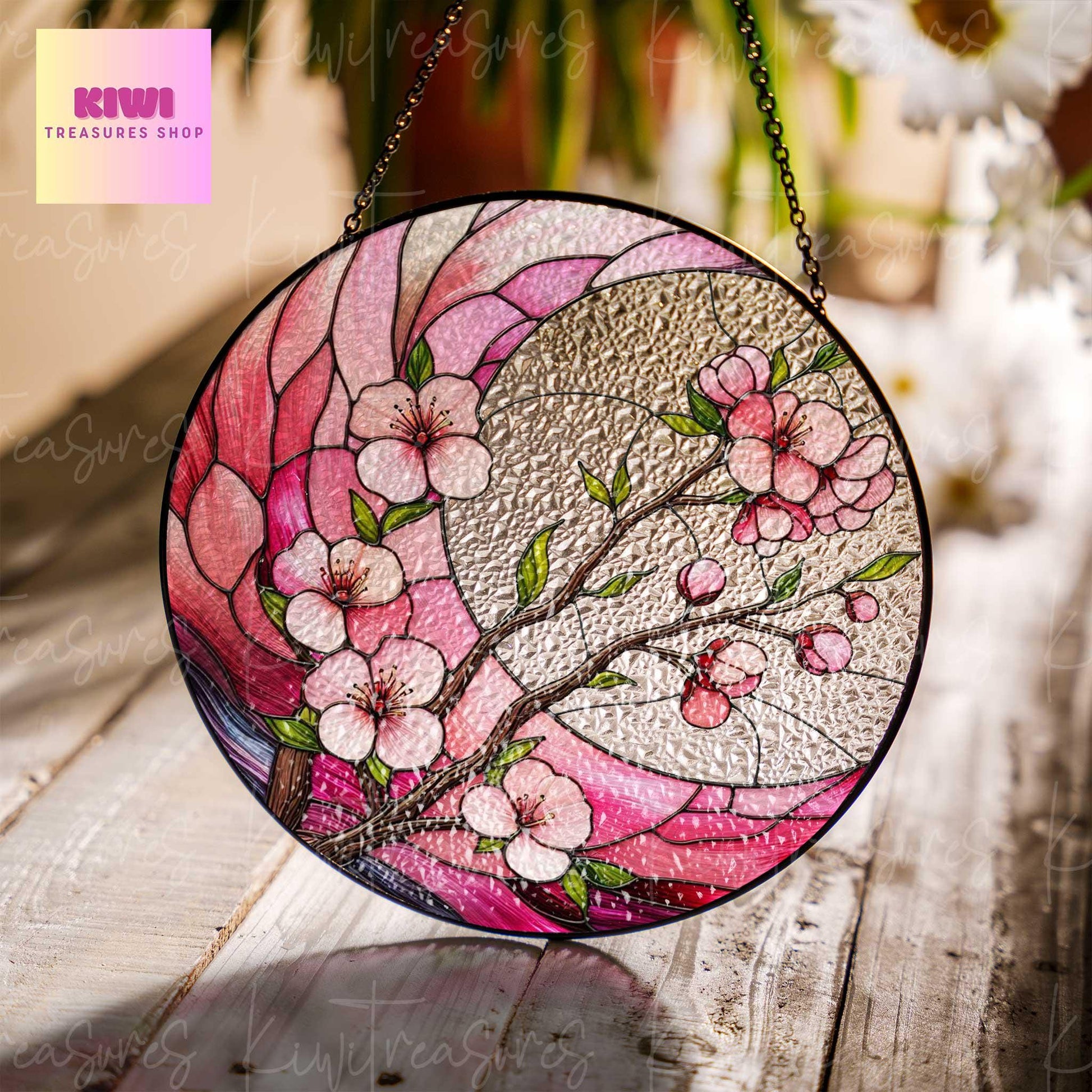 Cherry Blossom crescent moon GLASS Suncatcher Hanging, Spring landscape Window hanging, Suncatcher ornament, Cherry blossom, Sakura lover