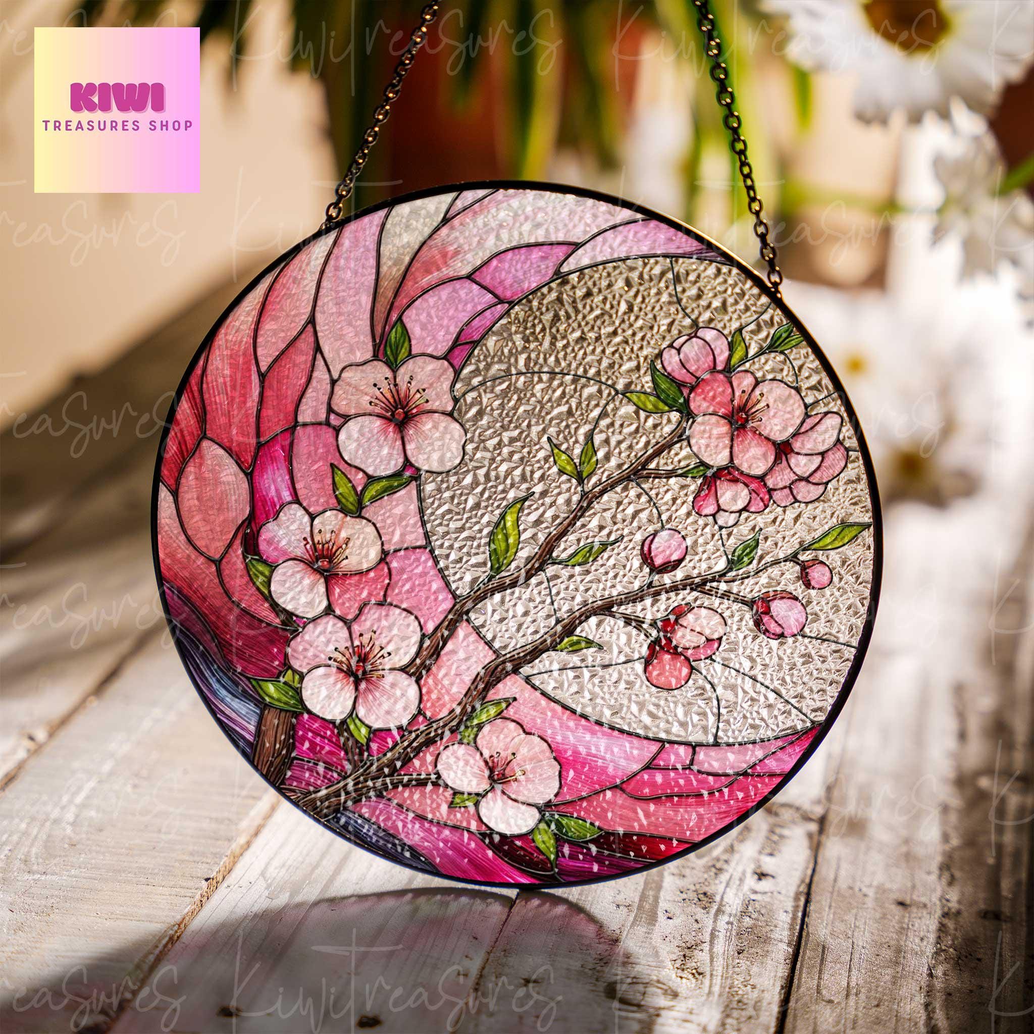 Cherry Blossom crescent moon GLASS Suncatcher Hanging, Spring landscape Window hanging, Suncatcher ornament, Cherry blossom, Sakura lover
