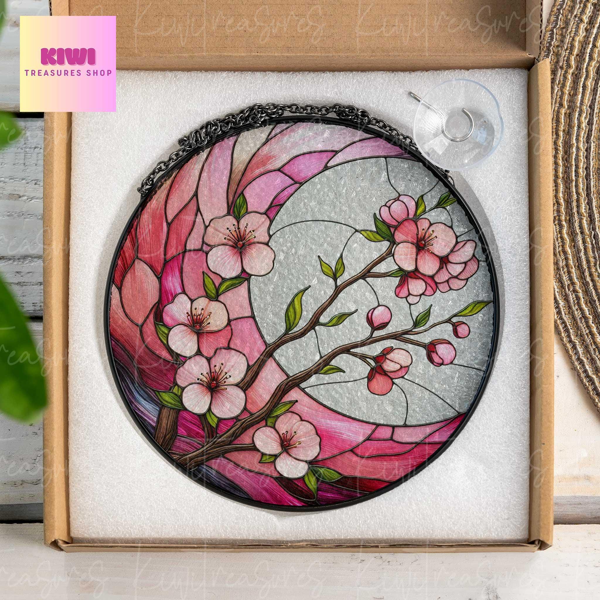 Cherry Blossom crescent moon GLASS Suncatcher Hanging, Spring landscape Window hanging, Suncatcher ornament, Cherry blossom, Sakura lover