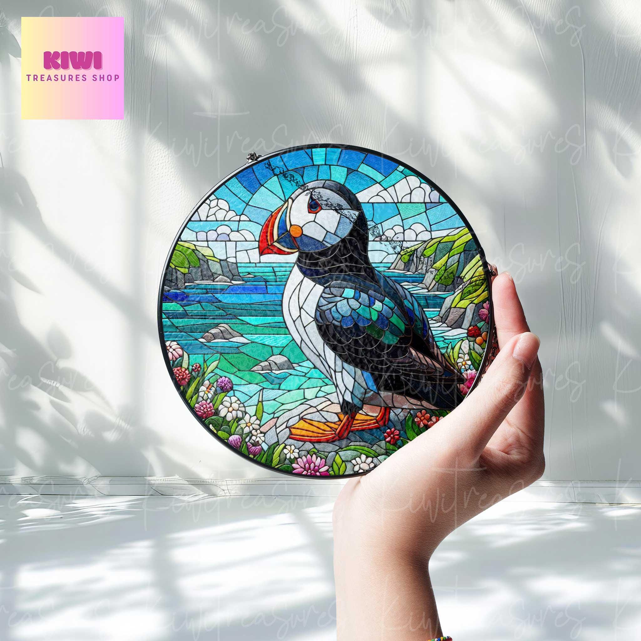 Puffin on cliff Landscape GLASS Suncatcher Hanging, Ireland Wall Art, Window Hanging, Indoor Decor, puffin lover, Perfect for Nature Lovers