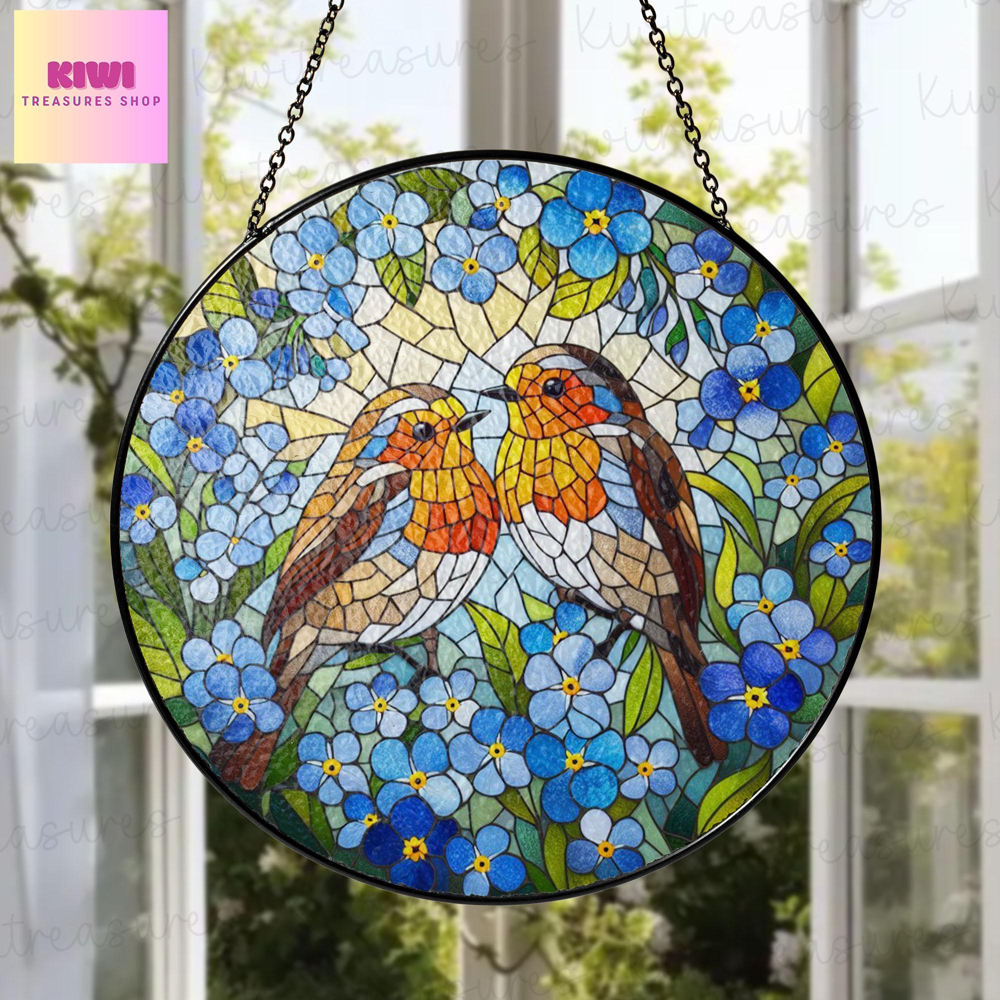 Robin couple among forget me not GLASS Suncatcher Hanging, robin Window hanging, Suncatcher ornament, Couple gift, Valentine gift