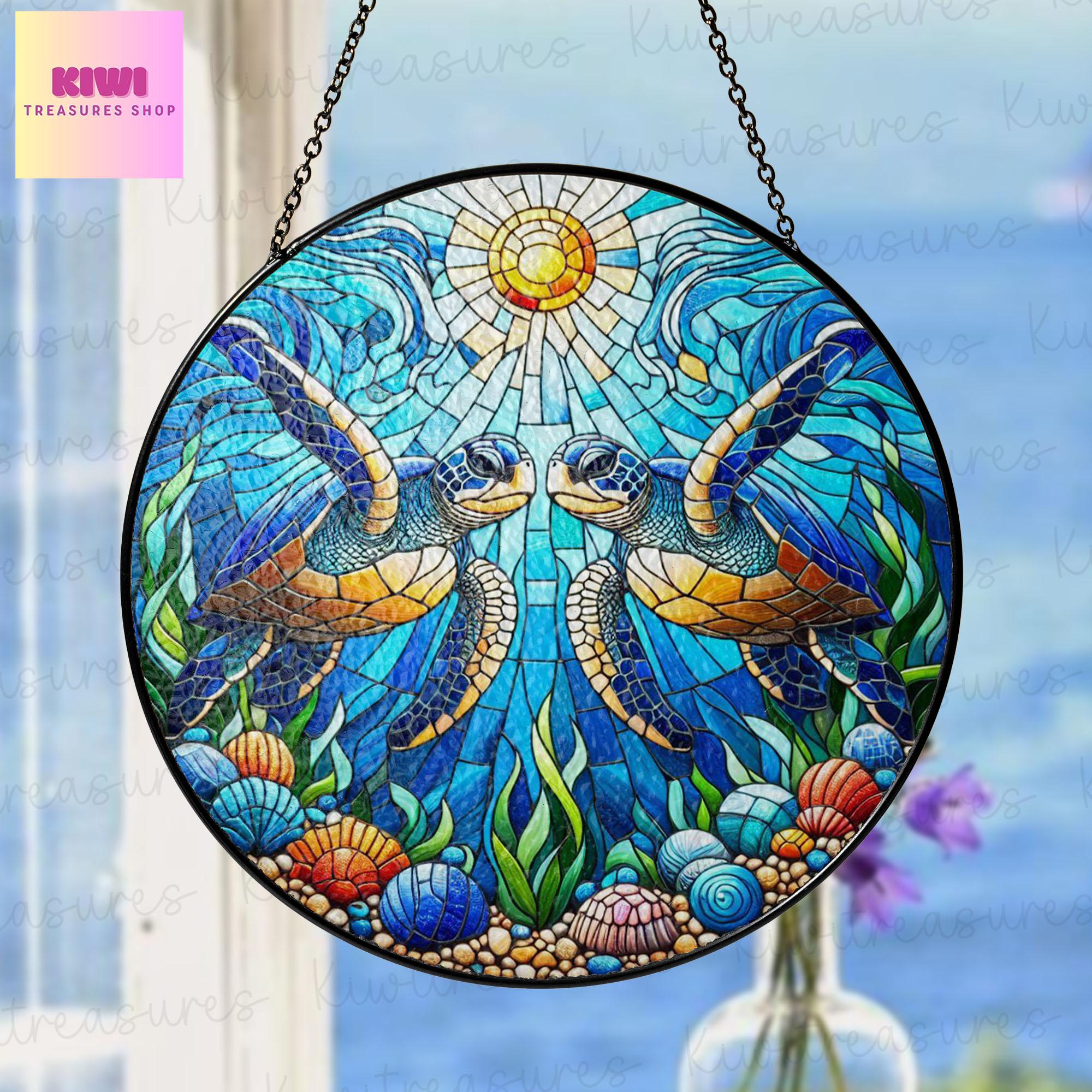 Turtle couple under sea GLASS Suncatcher Hanging, turtle Window hanging, Suncatcher ornament, sea turle lover, Couple gift, Valentine gift