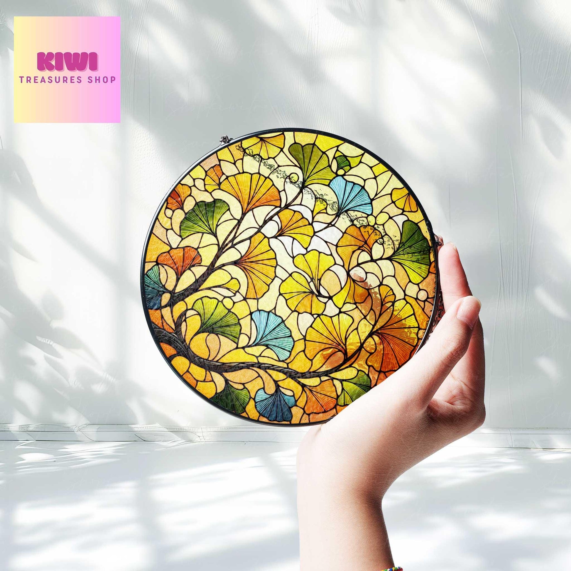 Ginkgo Leaf suncatcher Glass window hanging Art Ginkgo Leaf Glass Window Decor Garden decor Gift for Plant Lover, Yellow Ginkgo  Suncatcher