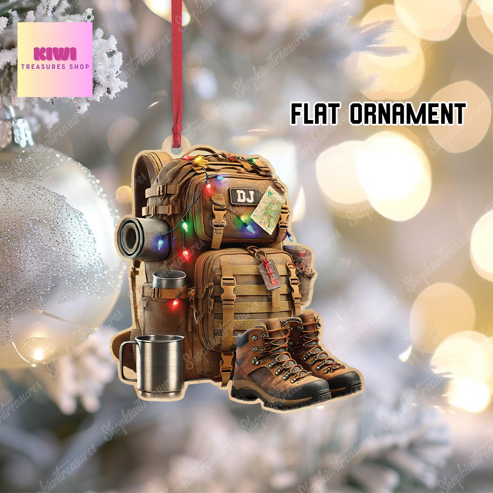 Custom Hiking Backpack Ornament • Personalized Camper Flat Christmas Decoration • Outdoor Adventure Gift Keepsake