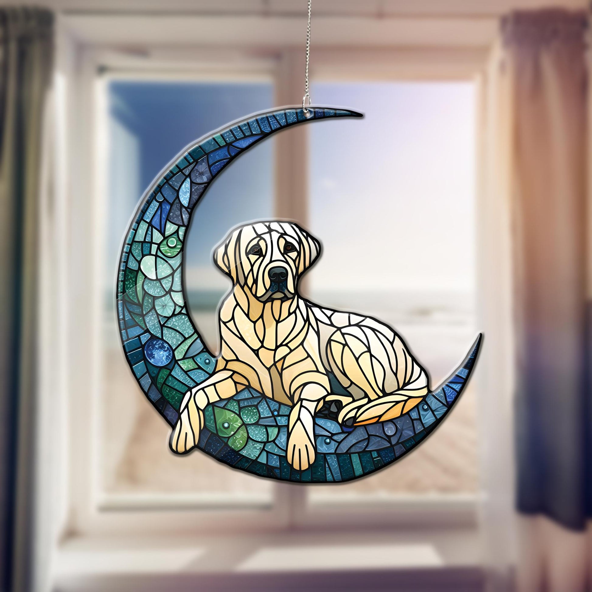 Labrador Retriever on crescent moon Acrylic Window Hanging, dog Mom gift, labrador retriever lover, dog owner gift, memorial idea gift