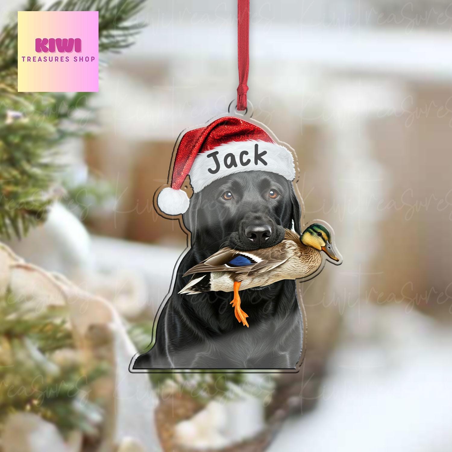 Personalized Black labrador dog Ornament, mallard duck ornament, Flat 2D Ornament, dog and duck, hunter idea gift, black labrador ornament