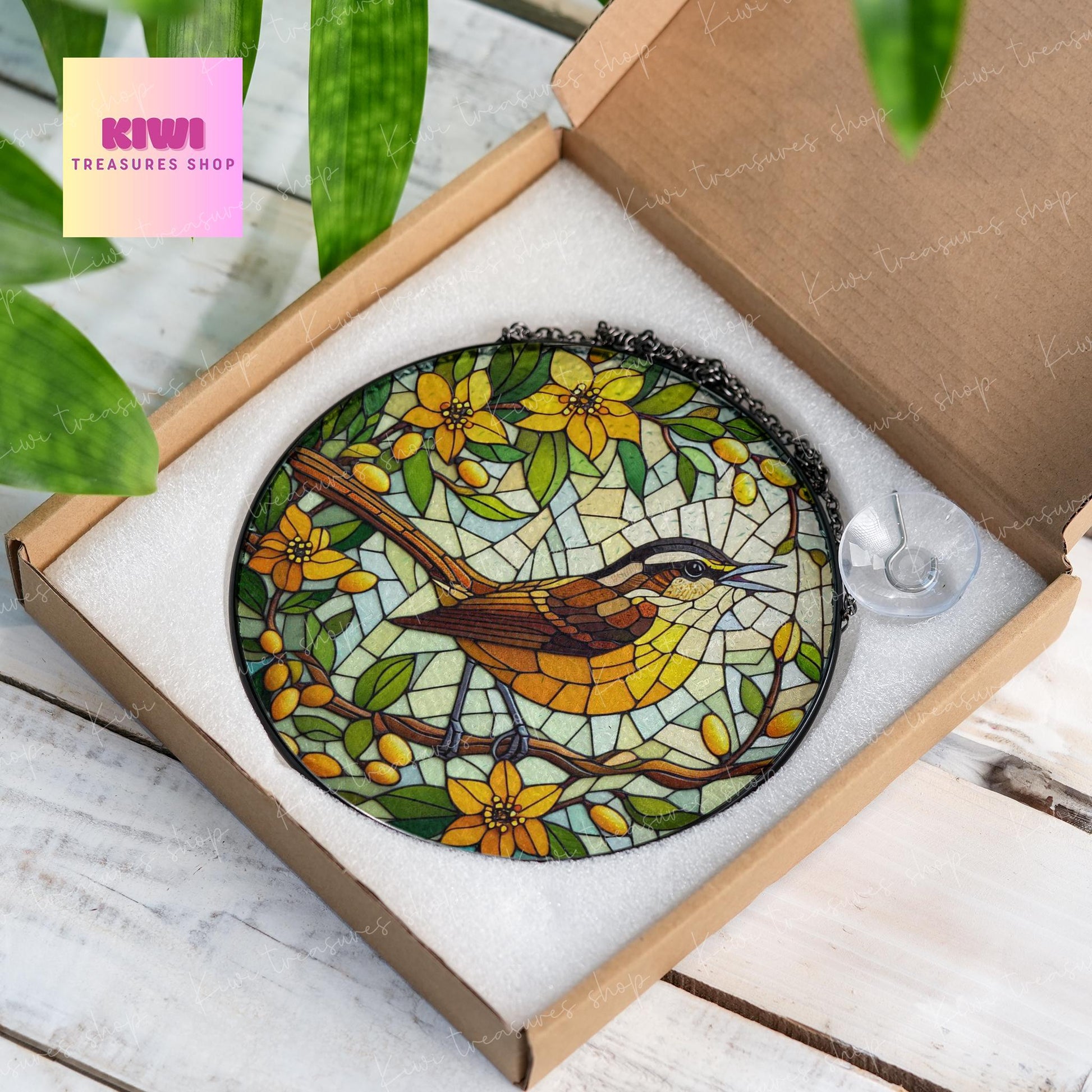 Carolina Wren on floral branch GLASS Hanging, Carolina Wren suncatcher, bird watching gift, Kitchen decor, stunning carolina wren glass