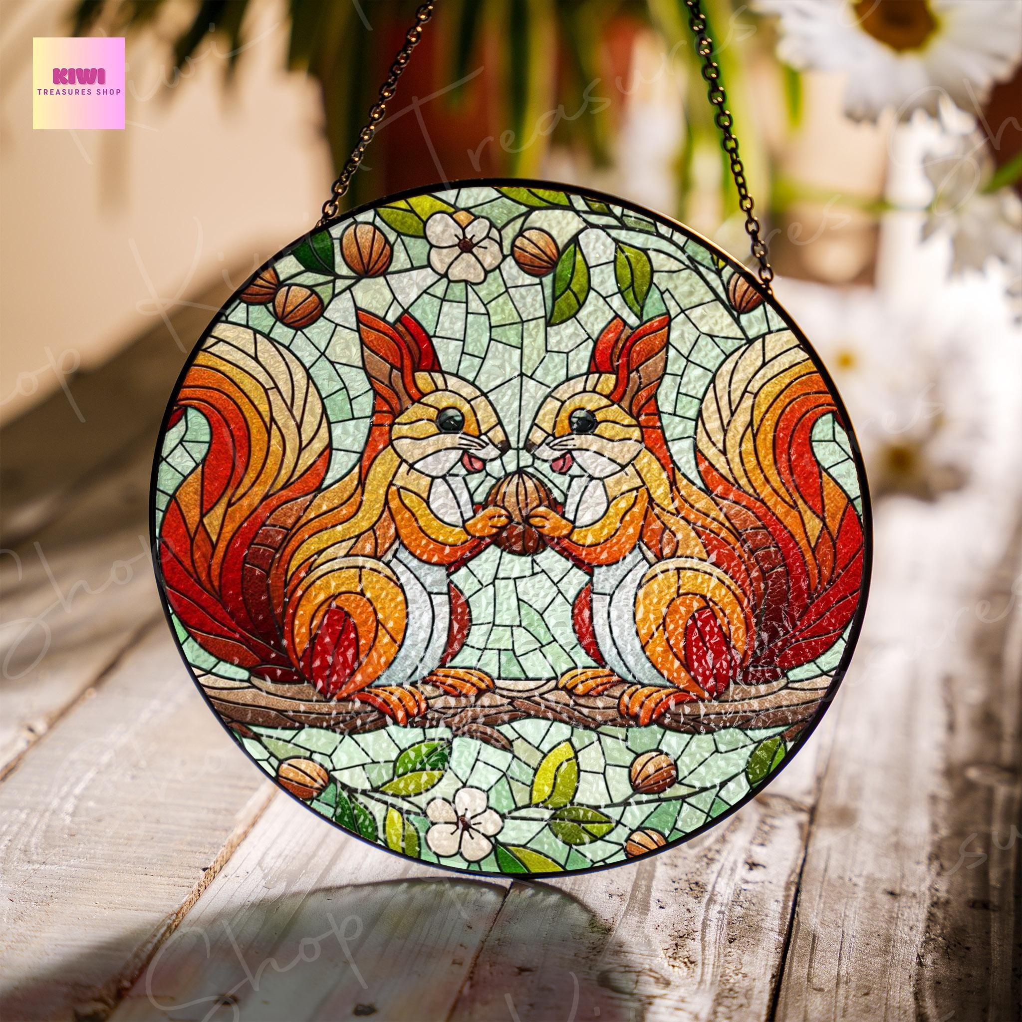 Squirrel couple  GLASS Suncatcher Hanging, squirrel Window hanging, Wildlife nature Suncatcher ornament, couple gift, Valentine gift