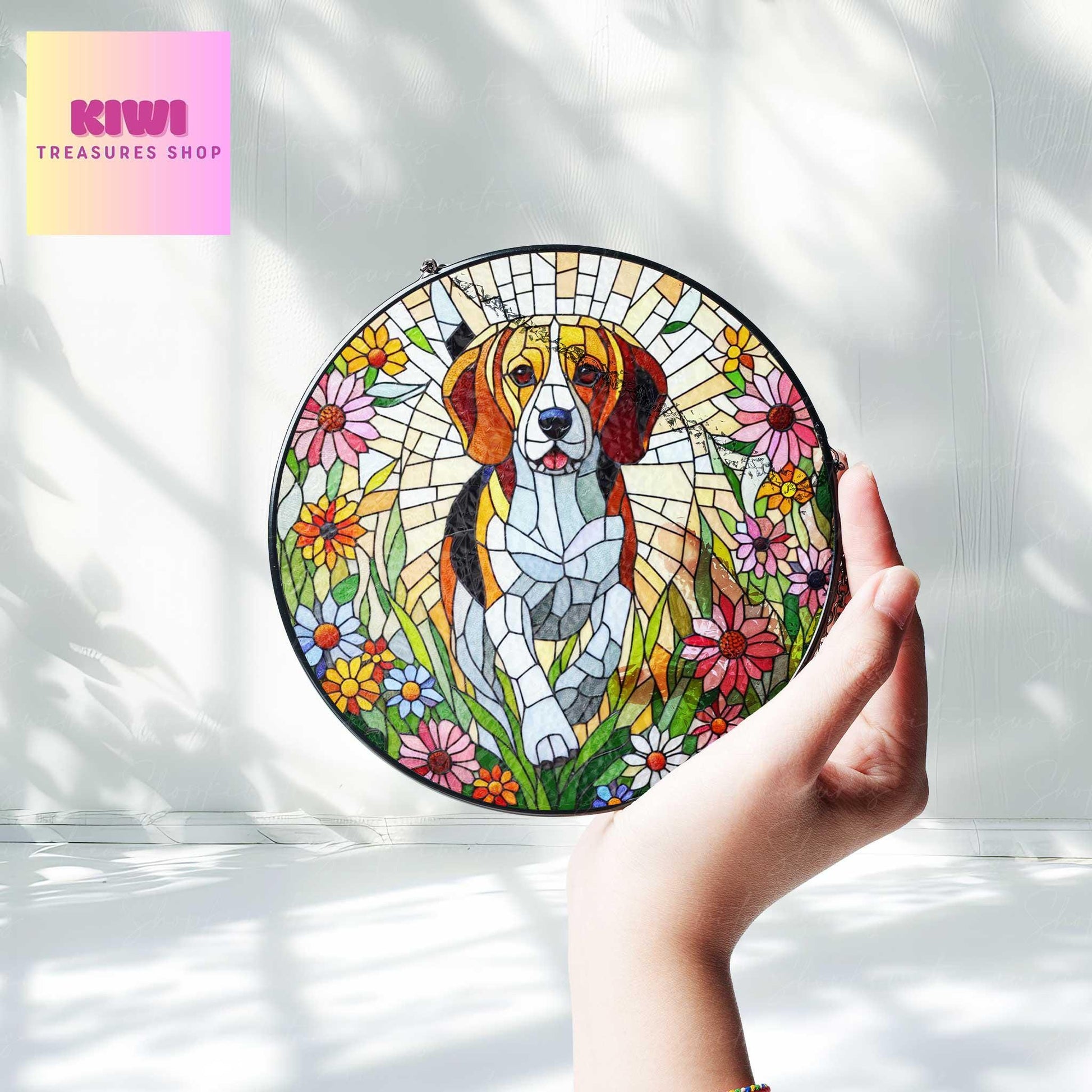 Beagle wildflowers GLASS Suncatcher Hanging, Beagle suncatcher window decor, beagel mom gift suncatcher hanging