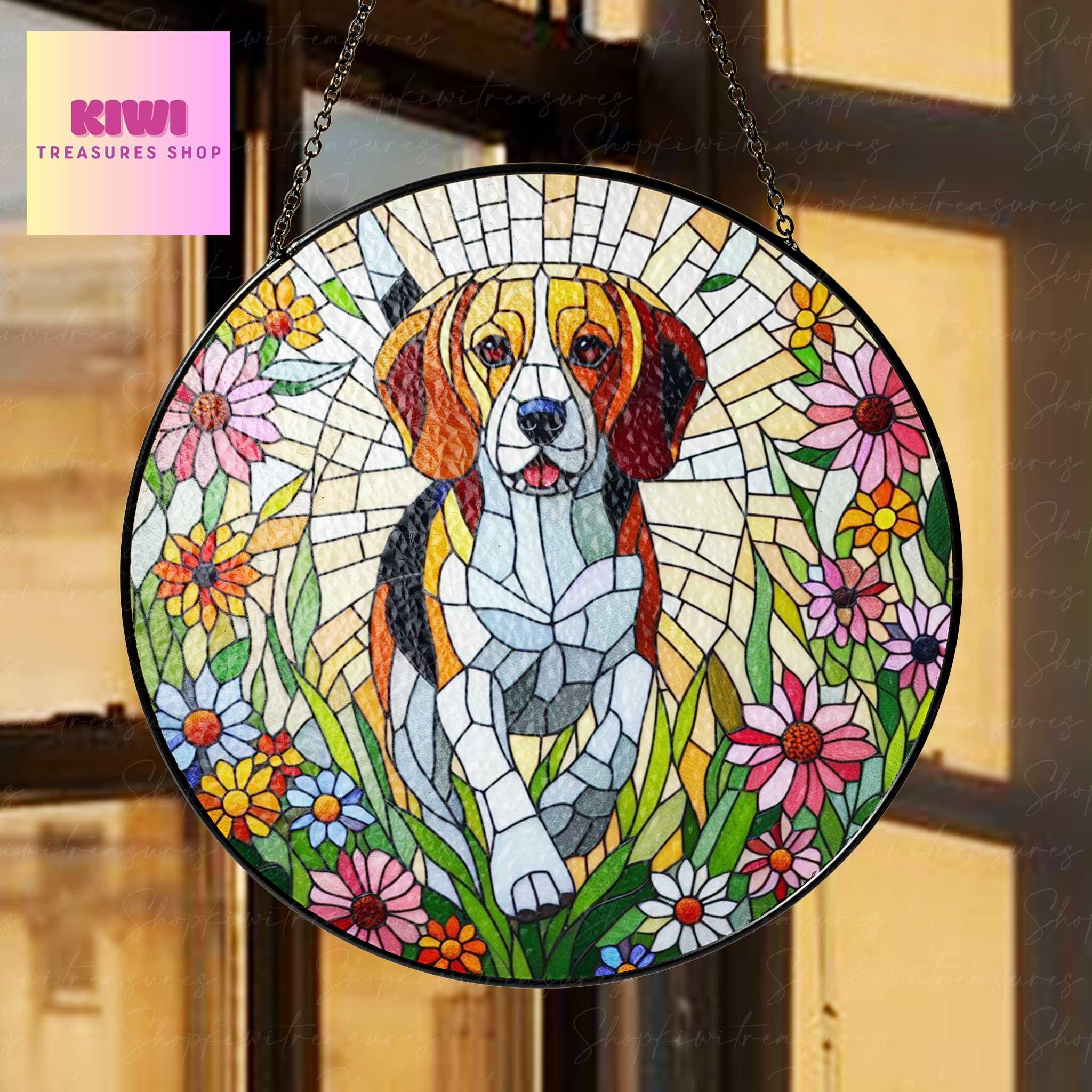 Beagle wildflowers GLASS Suncatcher Hanging, Beagle suncatcher window decor, beagel mom gift suncatcher hanging