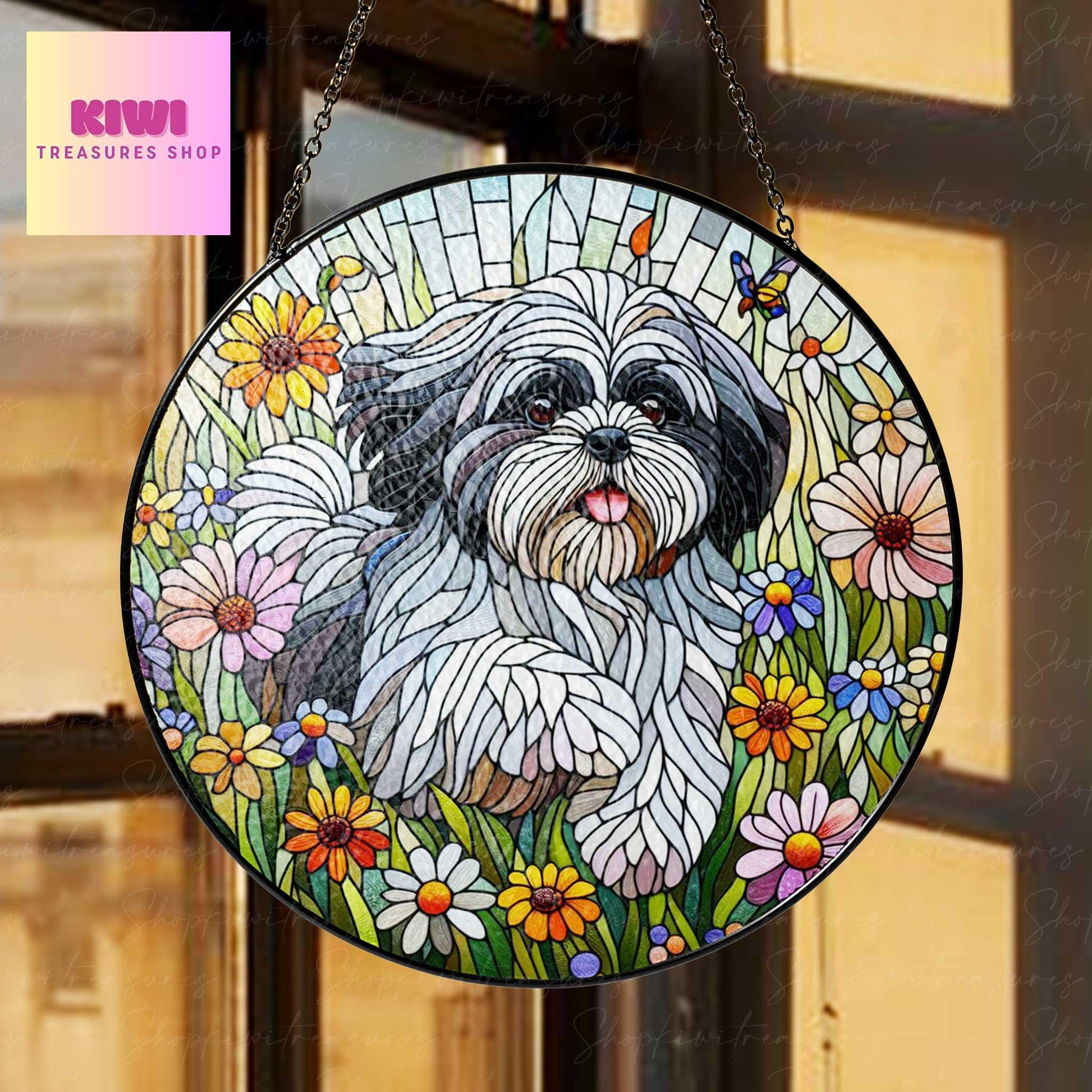 Shih Tzu wildflowers GLASS Suncatcher Hanging, shih tzu suncatcher window decor, shih tzu mom gift suncatcher hanging, shih tzu ornament