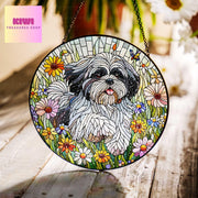 Shih Tzu wildflowers GLASS Suncatcher Hanging, shih tzu suncatcher window decor, shih tzu mom gift suncatcher hanging, shih tzu ornament