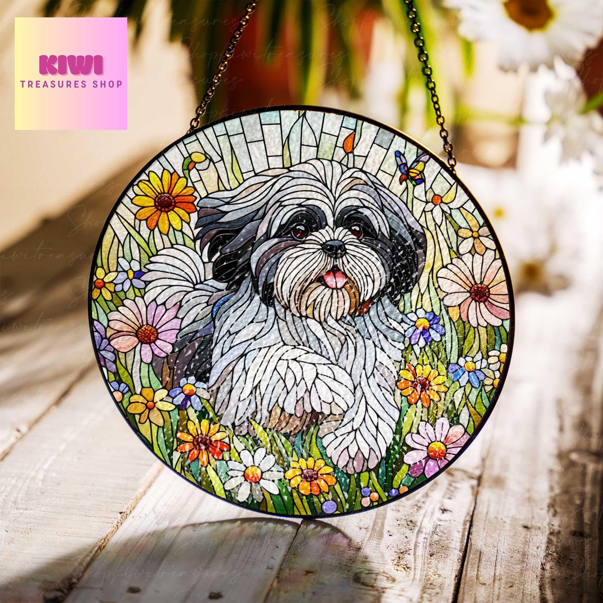 Shih Tzu wildflowers GLASS Suncatcher Hanging, shih tzu suncatcher window decor, shih tzu mom gift suncatcher hanging, shih tzu ornament