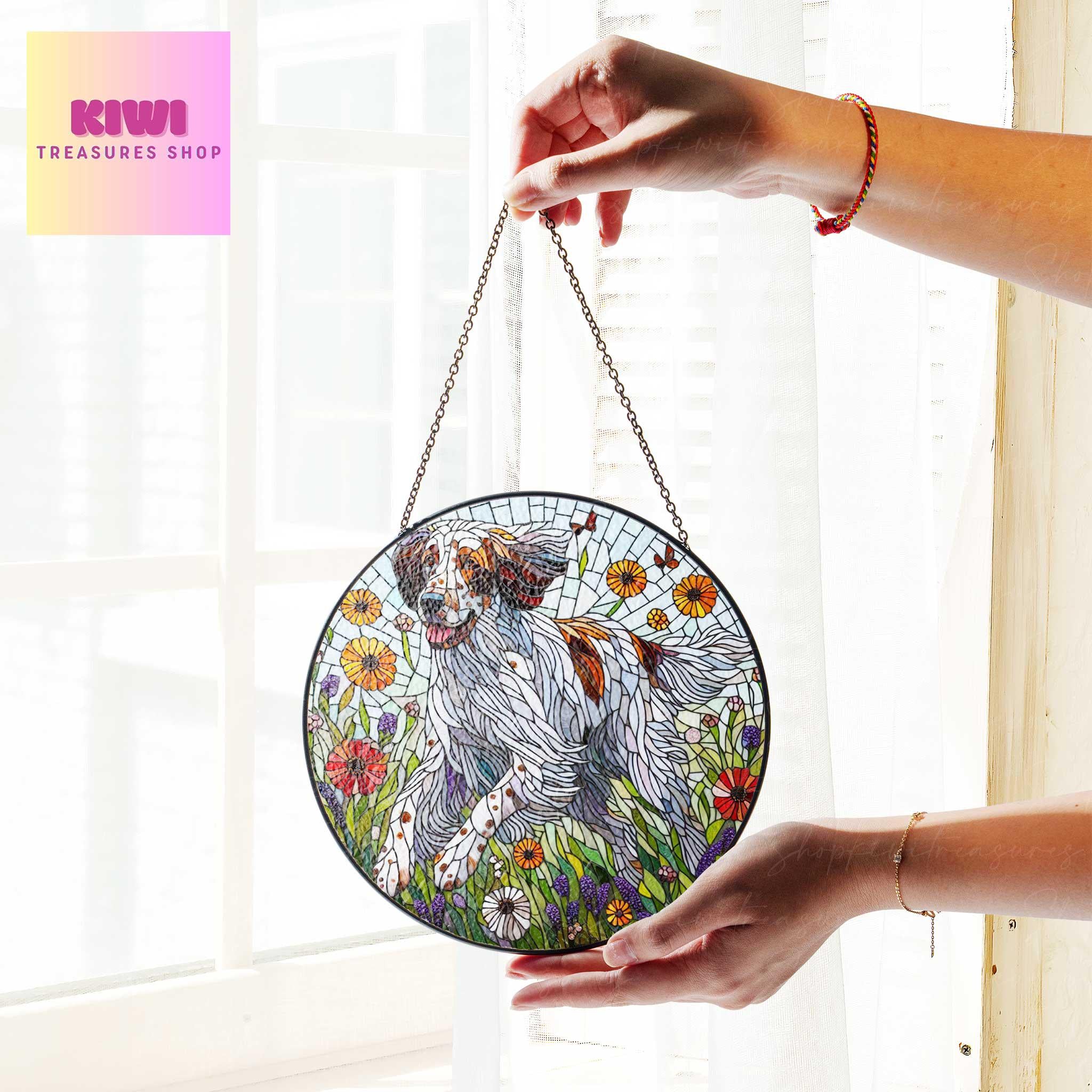 English setter wildflowers GLASS Suncatcher Hanging, english setter suncatcher window decor, english setter mom gift suncatcher hanging