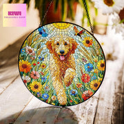 Goldendoodle wildflowers GLASS Suncatcher Hanging, golden doodle suncatcher window decor, golgen doodle mom gift suncatcher hanging