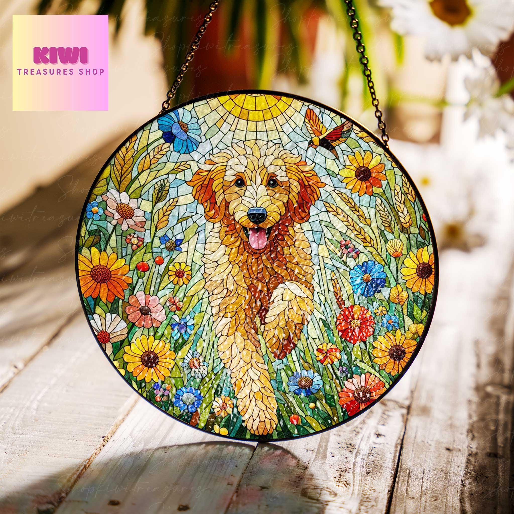 Goldendoodle wildflowers GLASS Suncatcher Hanging, golden doodle suncatcher window decor, golgen doodle mom gift suncatcher hanging