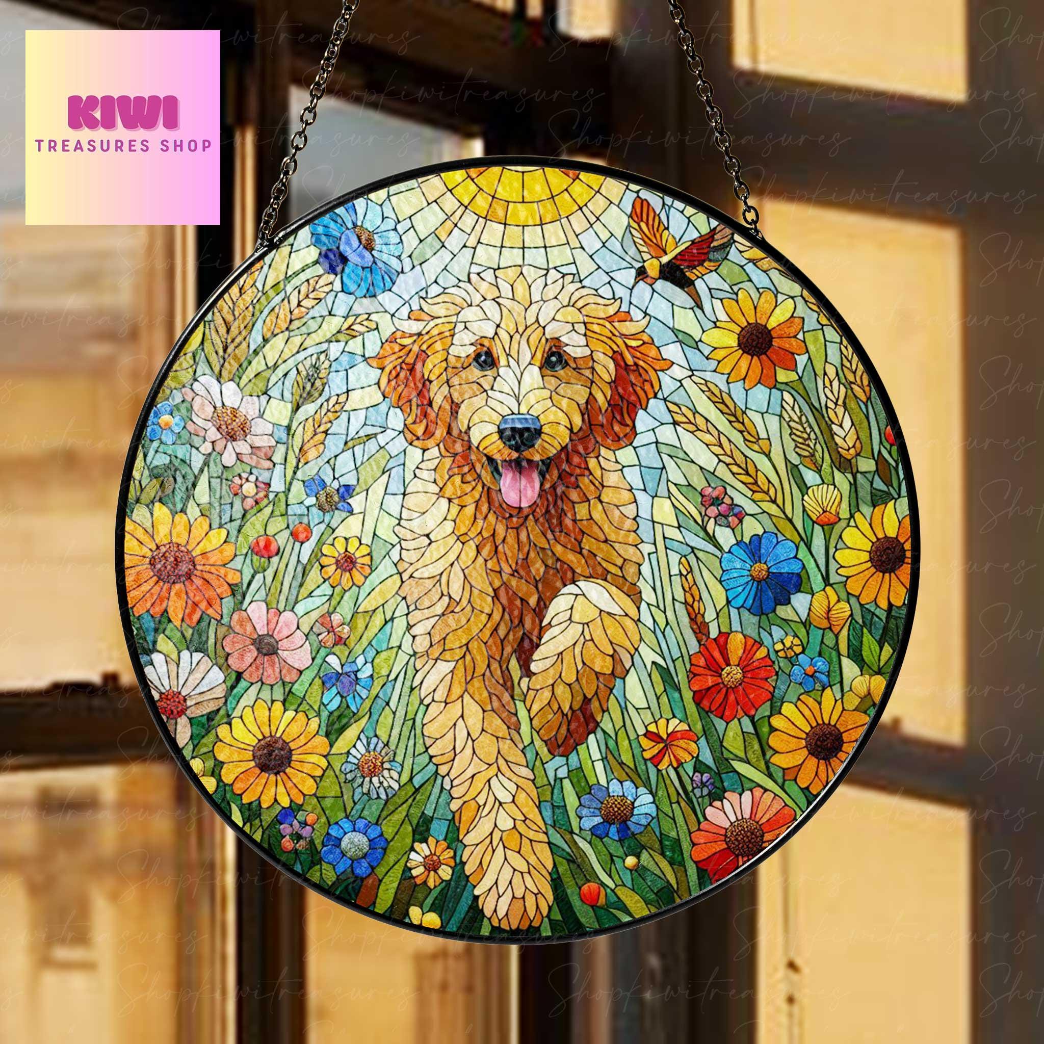Goldendoodle wildflowers GLASS Suncatcher Hanging, golden doodle suncatcher window decor, golgen doodle mom gift suncatcher hanging
