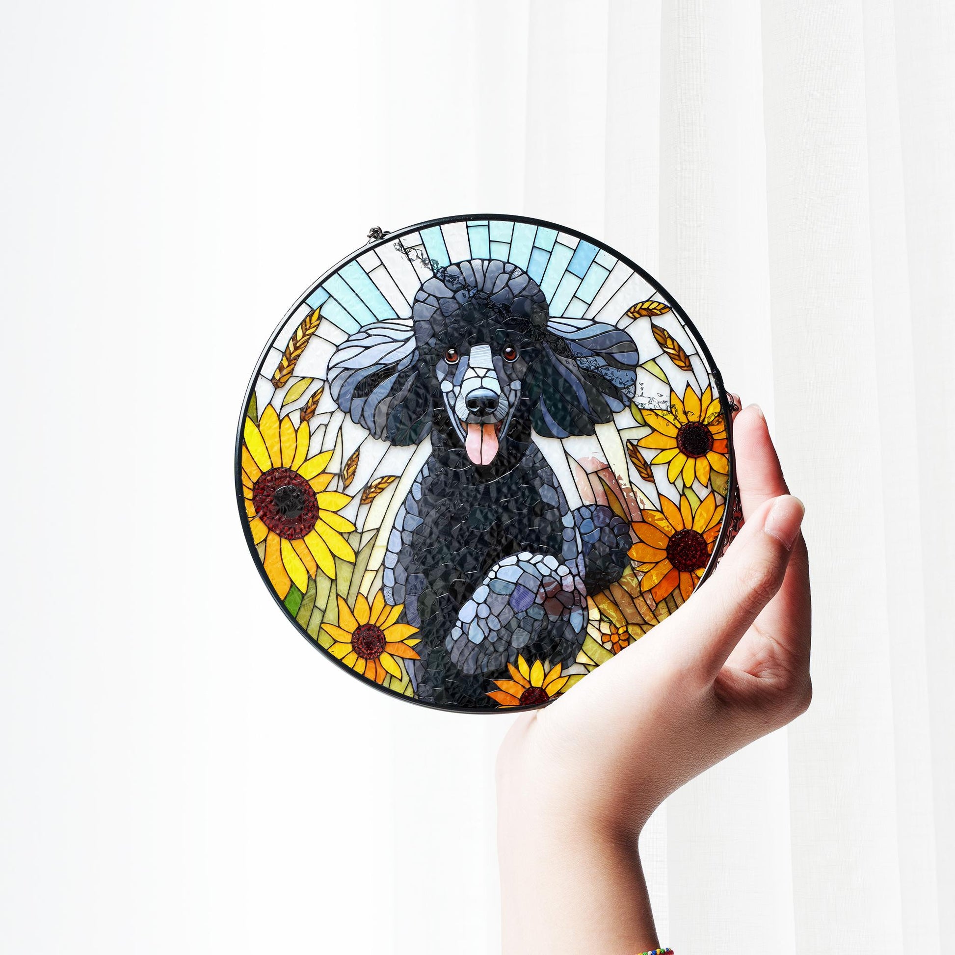 Black Poodle potrait GLASS Suncatcher Hanging, Winter wildflower, Dog suncatcher, Poodle mom gift, poodle window hanging, housewarming gift