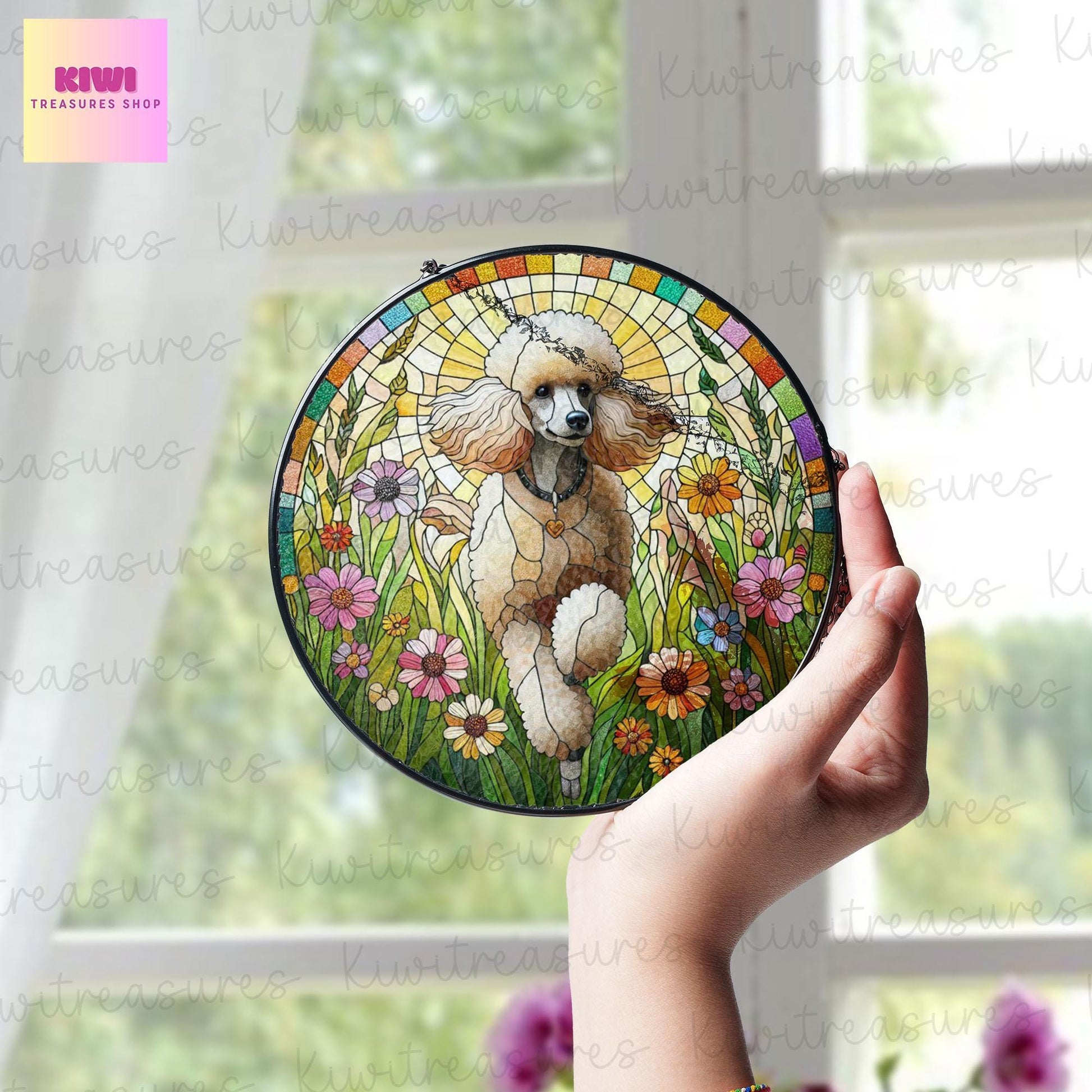Poodle running GLASS Suncatcher Hanging, Winter wildflower, Dog suncatcher, Poodle mom gift, poodle window hanging, housewarming gift