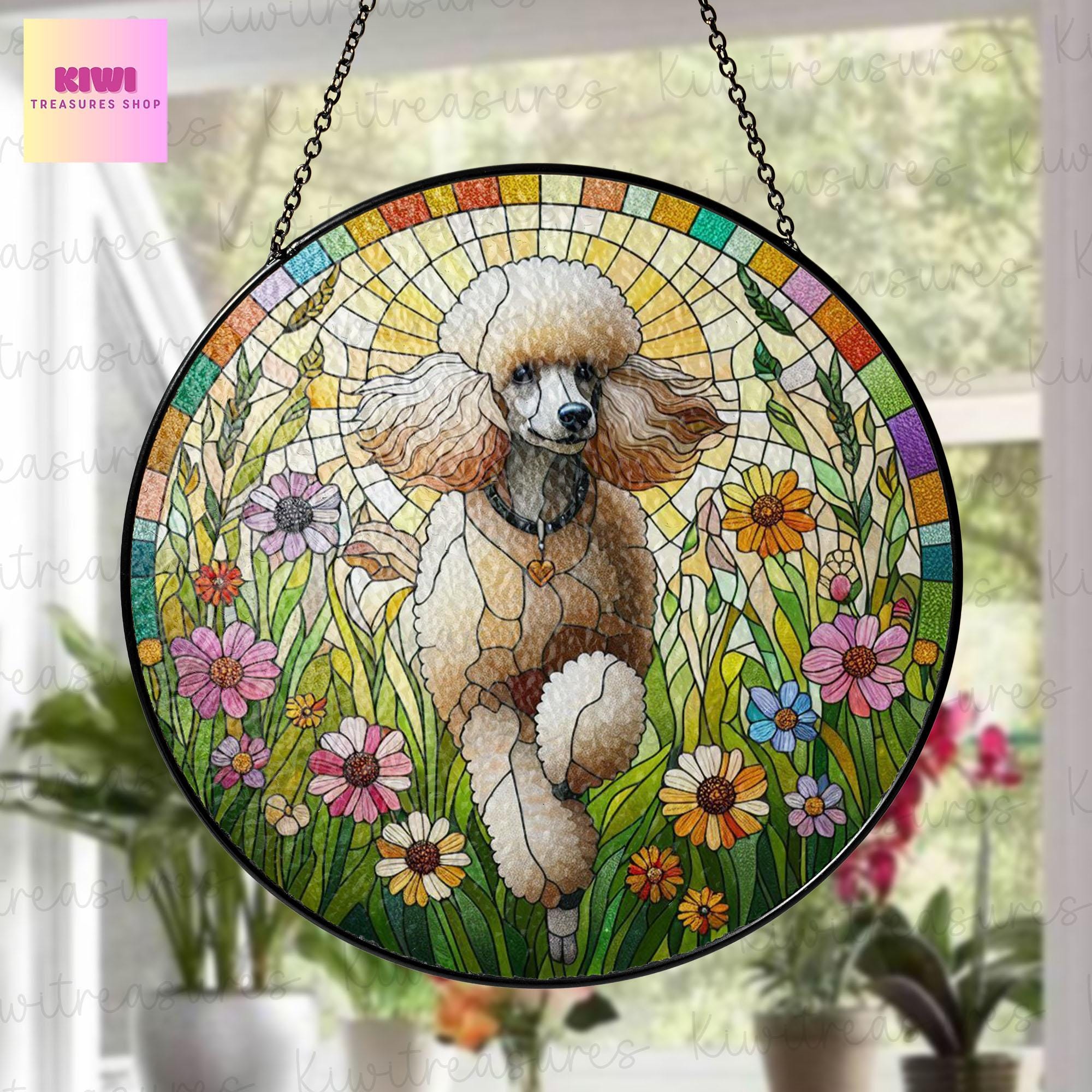 Poodle running GLASS Suncatcher Hanging, Winter wildflower, Dog suncatcher, Poodle mom gift, poodle window hanging, housewarming gift