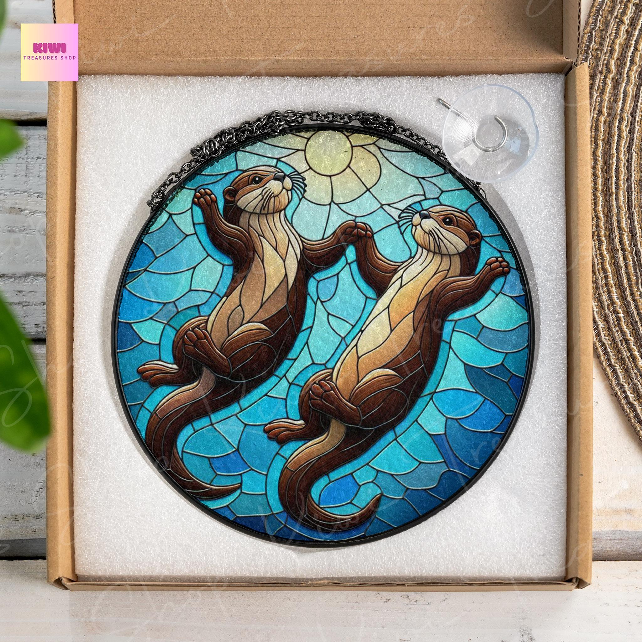 Otter couple  GLASS Suncatcher Hanging, Otter Window hanging, Otter lover, Wildlife nature Suncatcher ornament, couple gift, Valentine gift