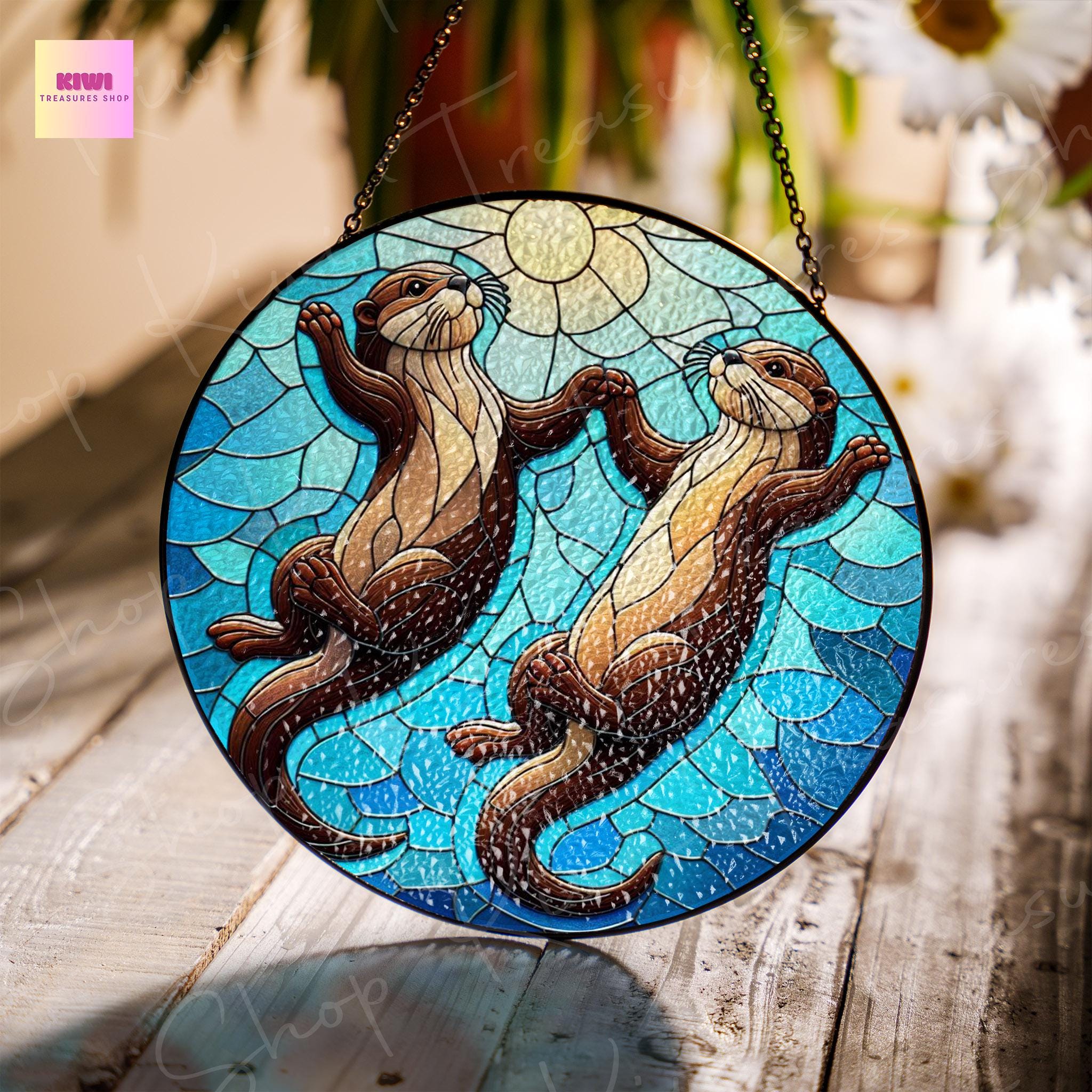 Otter couple  GLASS Suncatcher Hanging, Otter Window hanging, Otter lover, Wildlife nature Suncatcher ornament, couple gift, Valentine gift