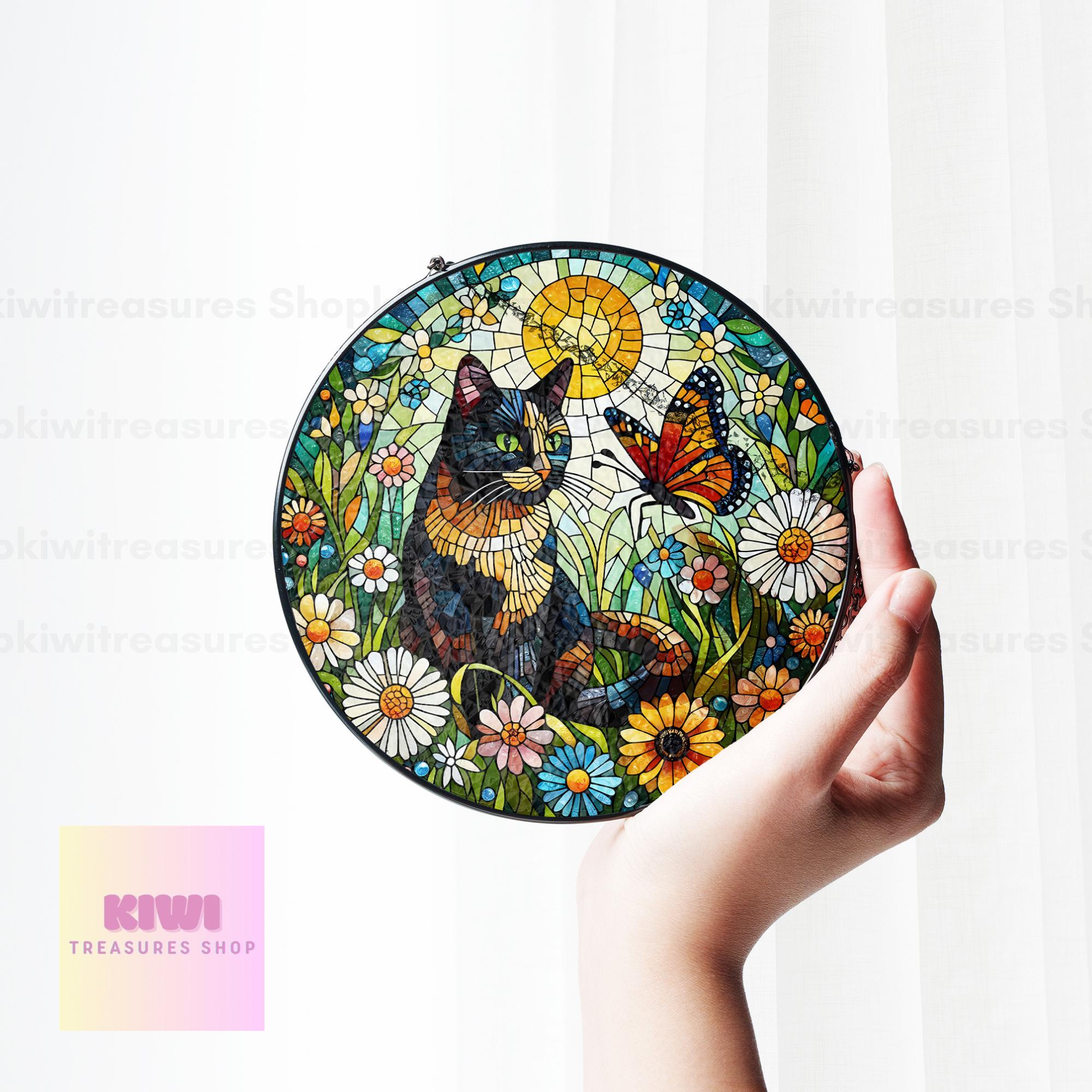 Tortoiseshell cat in flower garden GLASS suncatcher Hanging, tortoiseshell cat glass hanging, Cat mom gift, Mother's day gift