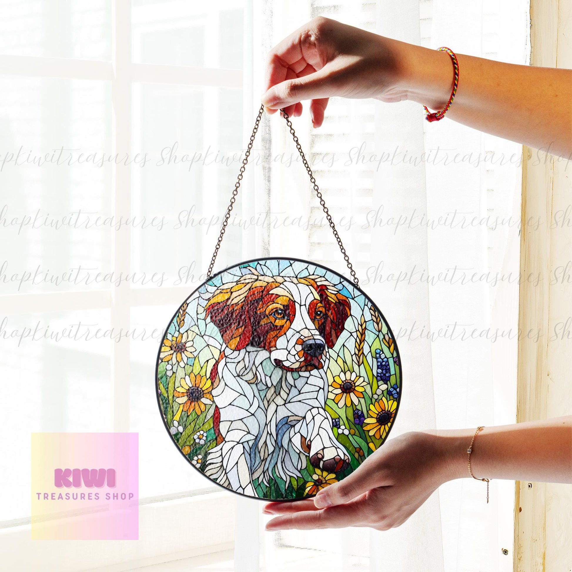 Brittany Spaniel wildflowers GLASS Suncatcher Hanging, Brittany Spaniel  glass, Brittany Spaniel dog suncatcher hanging, dog mom gift