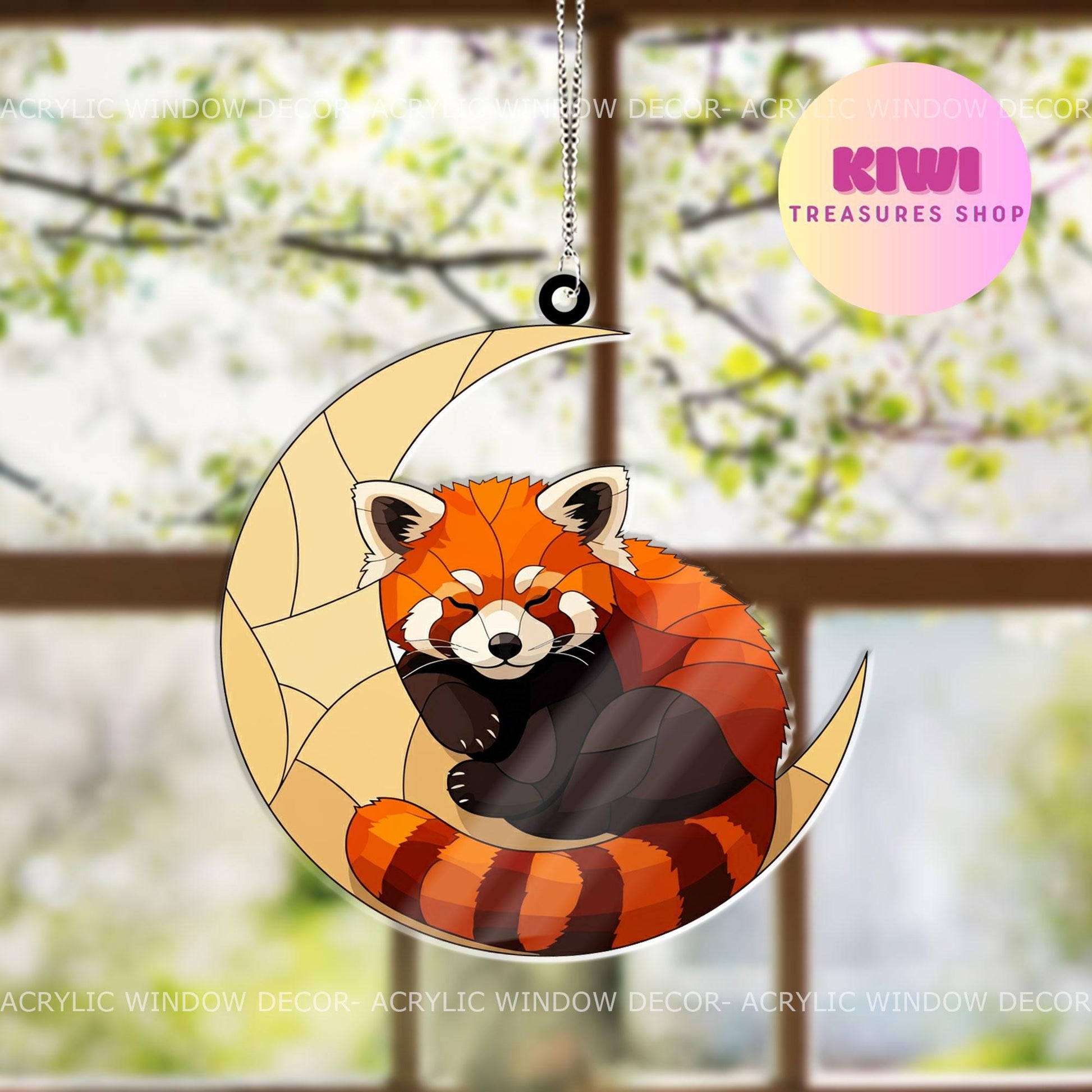 Red Panda Sleeping On Crescent Moon Acrylic Window Hanging, Whimsical Decor for Nurseries, Unique Gift for Red Panda Lovers, for Kids Rooms