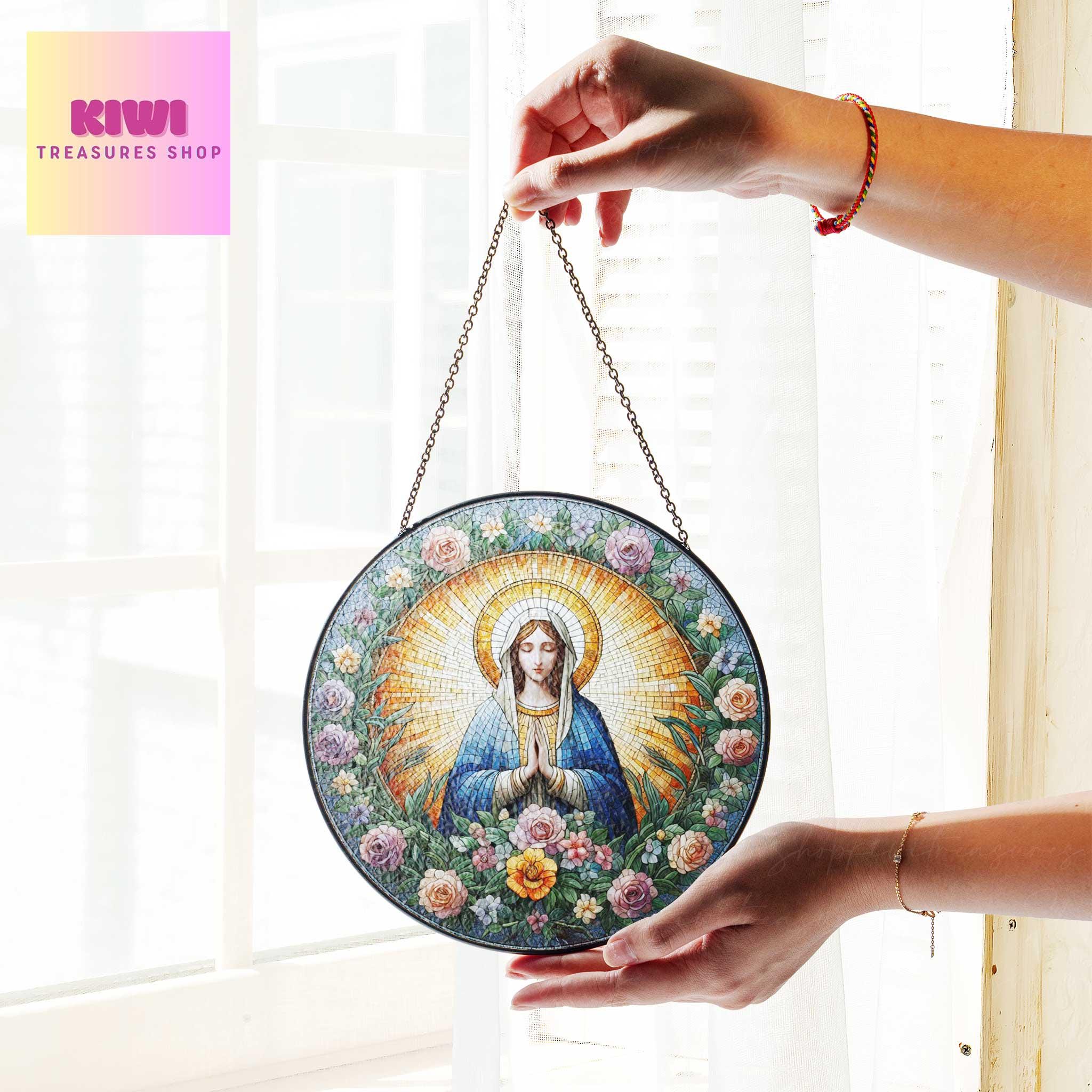 Virgin Mary Religious GLASS Suncatcher Hanging, Jesus Christ, Maria christian hanging, Catholic Suncatcher, Christian mom gift