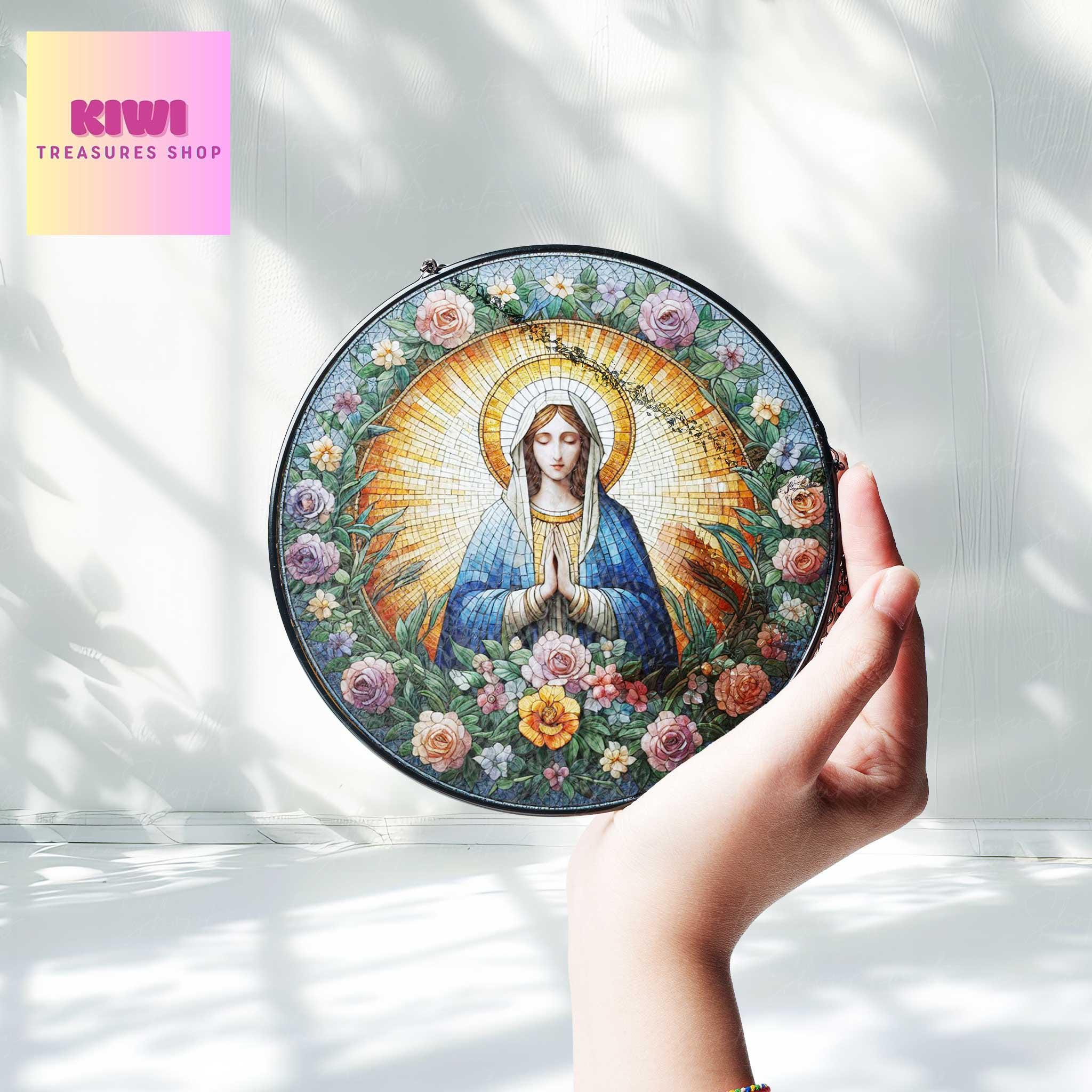 Virgin Mary Religious GLASS Suncatcher Hanging, Jesus Christ, Maria christian hanging, Catholic Suncatcher, Christian mom gift