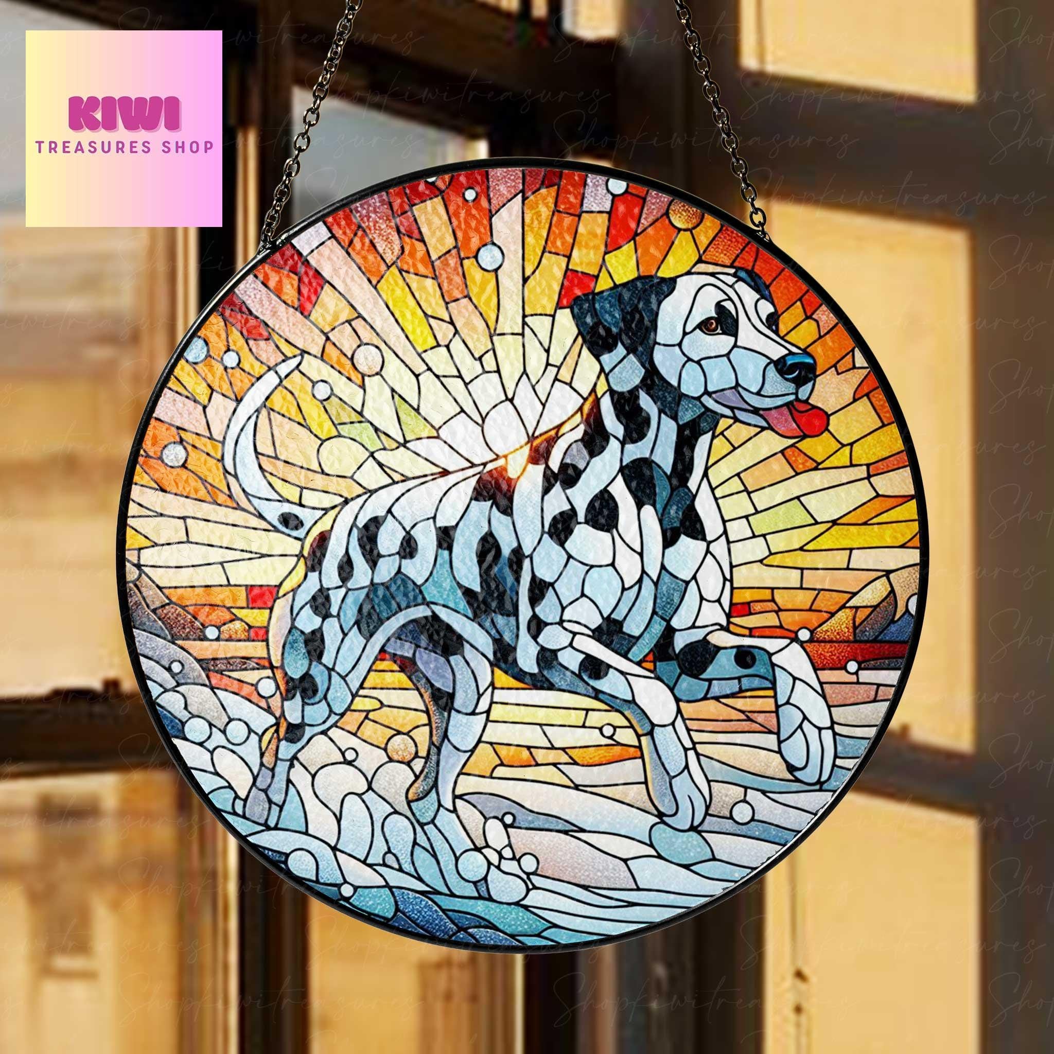 Dalmatian Winter GLASS Suncatcher Hanging, dalmatian Winter art, dalmatian suncatcher hanging, Dog window hanging, dog mom gift
