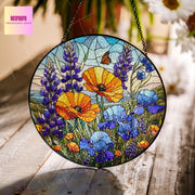 Bluebonnets and Orange Poppies GLASS Suncatcher Hanging, orange poppies glass, Texas Bluebonnet Window hanging, poppies Flower suncatcher
