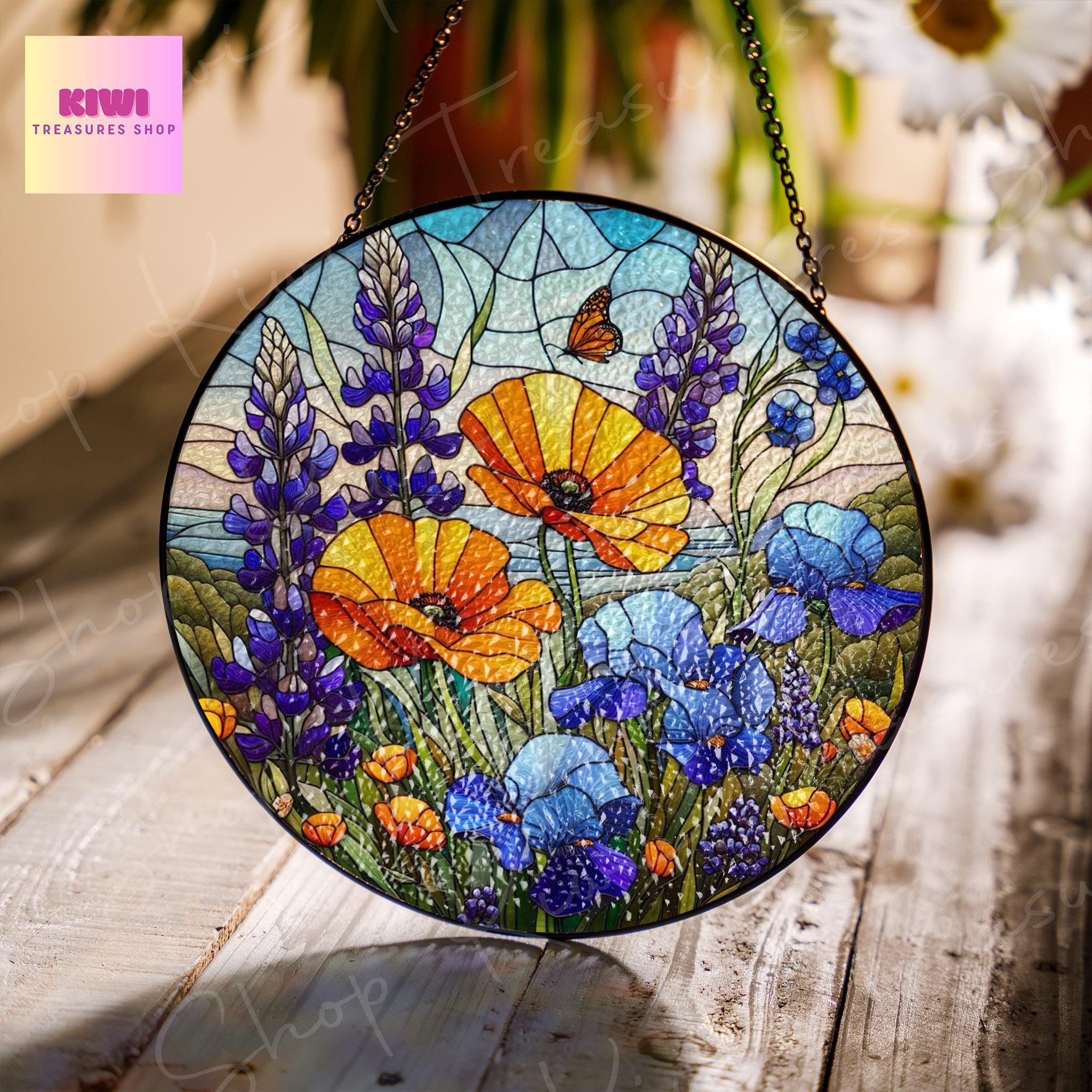 Bluebonnets and Orange Poppies GLASS Suncatcher Hanging, orange poppies glass, Texas Bluebonnet Window hanging, poppies Flower suncatcher