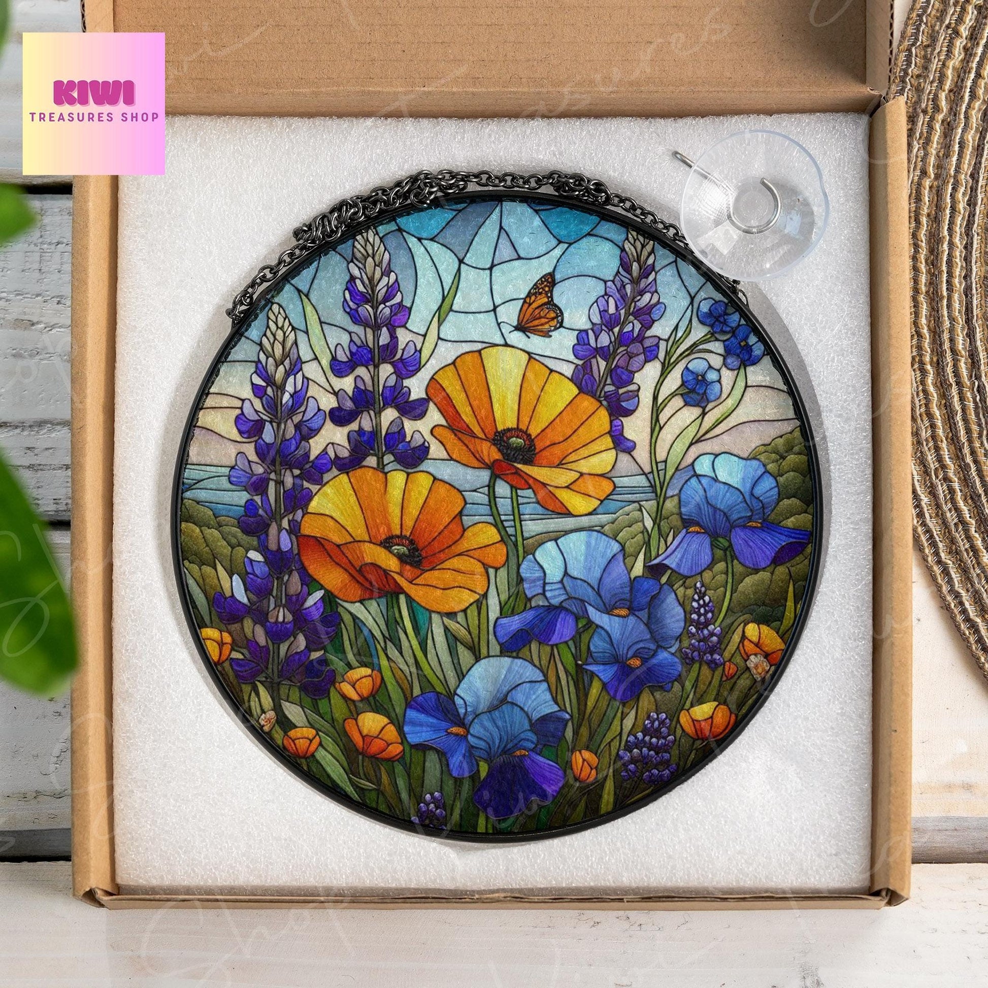 Bluebonnets and Orange Poppies GLASS Suncatcher Hanging, orange poppies glass, Texas Bluebonnet Window hanging, poppies Flower suncatcher